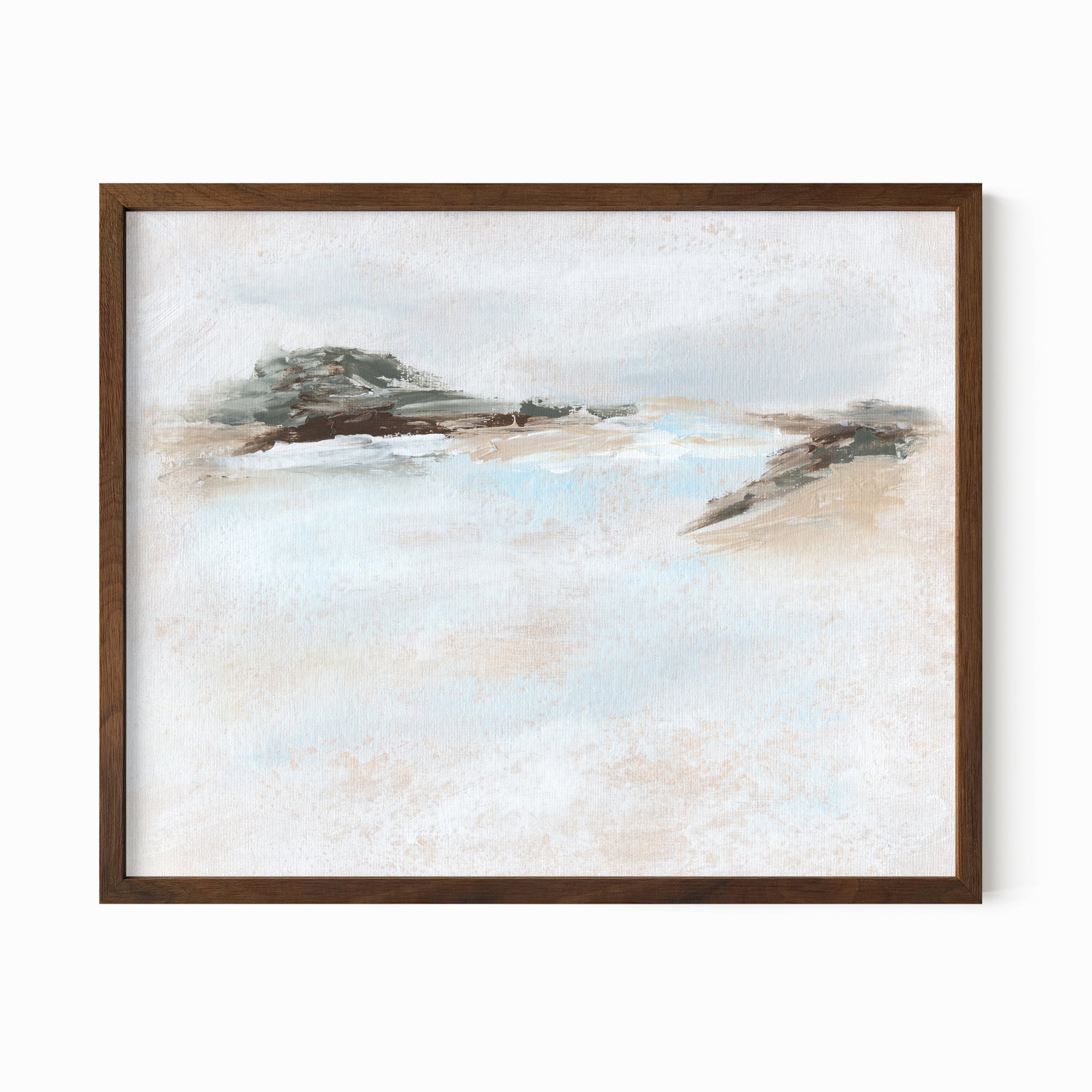 Dwell - abstract beach coastal landscape original painting fine are print in white, light gray, light blue, brown, beige, muted sage green, taupe, tan, cream; framed in walnut oak by NLS Design. Large neutral wall art for living rooms, bedrooms, entryways, offices, bathrooms, and above sofas and beds. Modern coastal minimalistic open airy soft design. nlsdesignllc.com