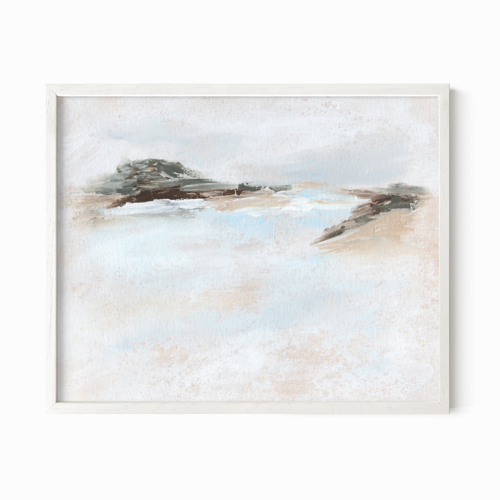 Dwell - abstract beach coastal landscape original painting fine are print in white, light gray, light blue, brown, beige, muted sage green, taupe, tan, cream; framed in white oak by NLS Design. Large neutral wall art for living rooms, bedrooms, entryways, offices, bathrooms, and above sofas and beds. Modern coastal minimalistic open airy soft design. nlsdesignllc.com