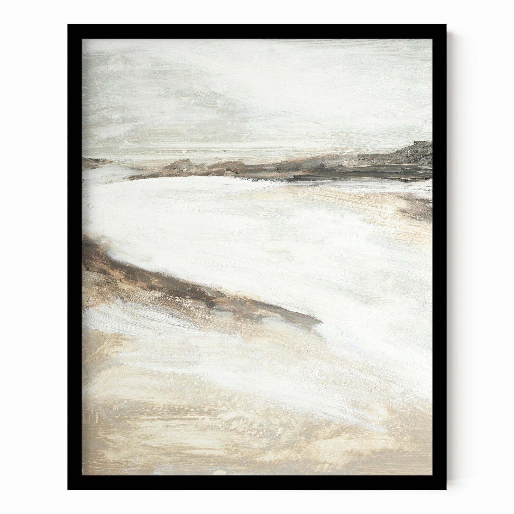 Effortless 2 neutral abstract landscape painting fine wall art print framed in black oak by NLS Design