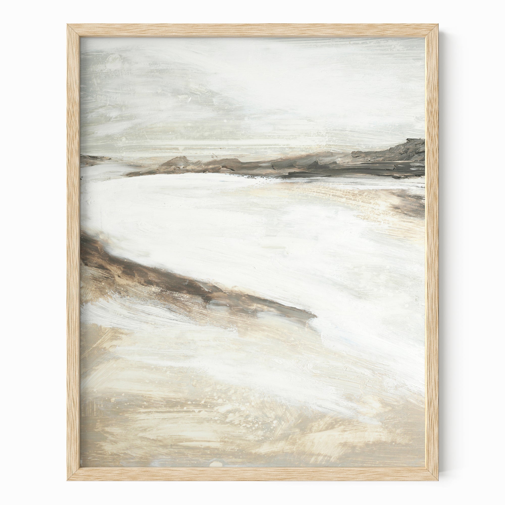 Effortless 2 neutral abstract landscape painting fine wall art print framed in natural oak by NLS Design