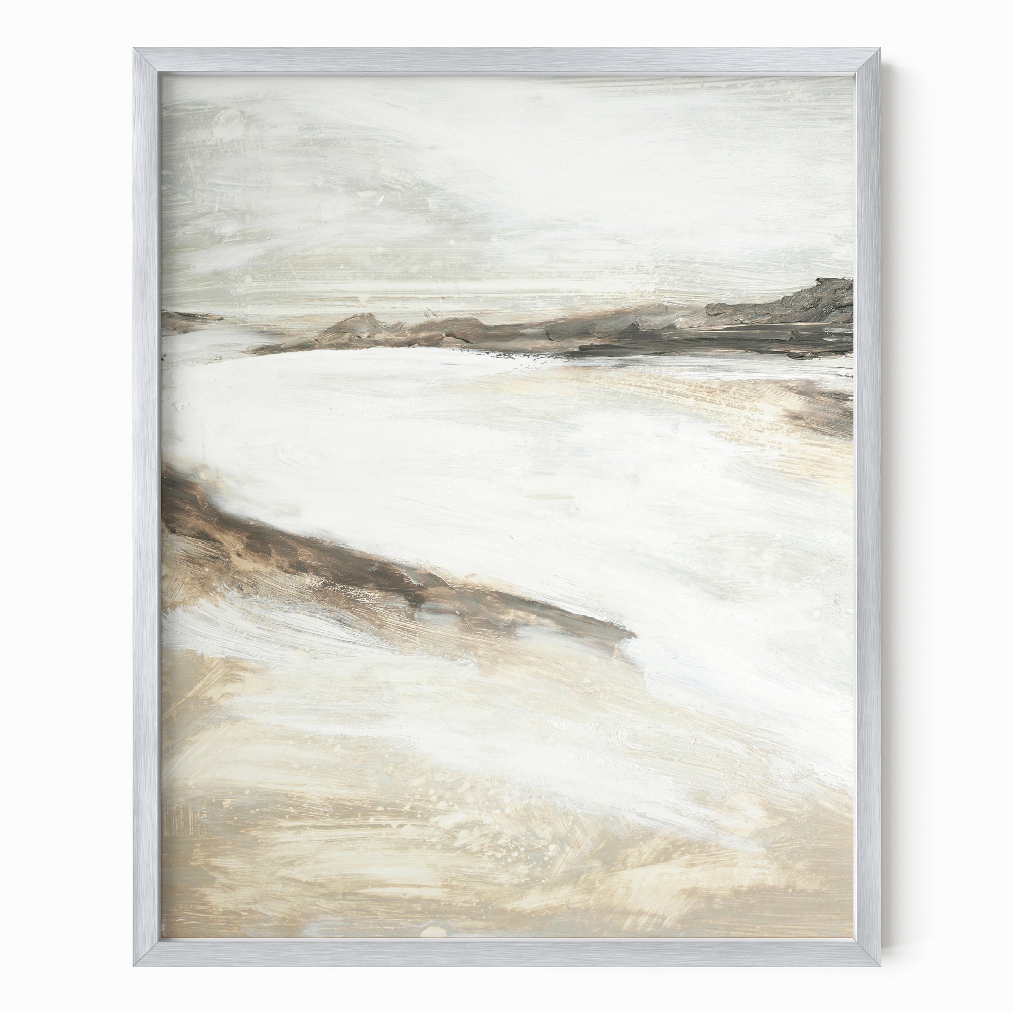Effortless 2 neutral abstract landscape painting fine wall art print framed in silver metal by NLS Design