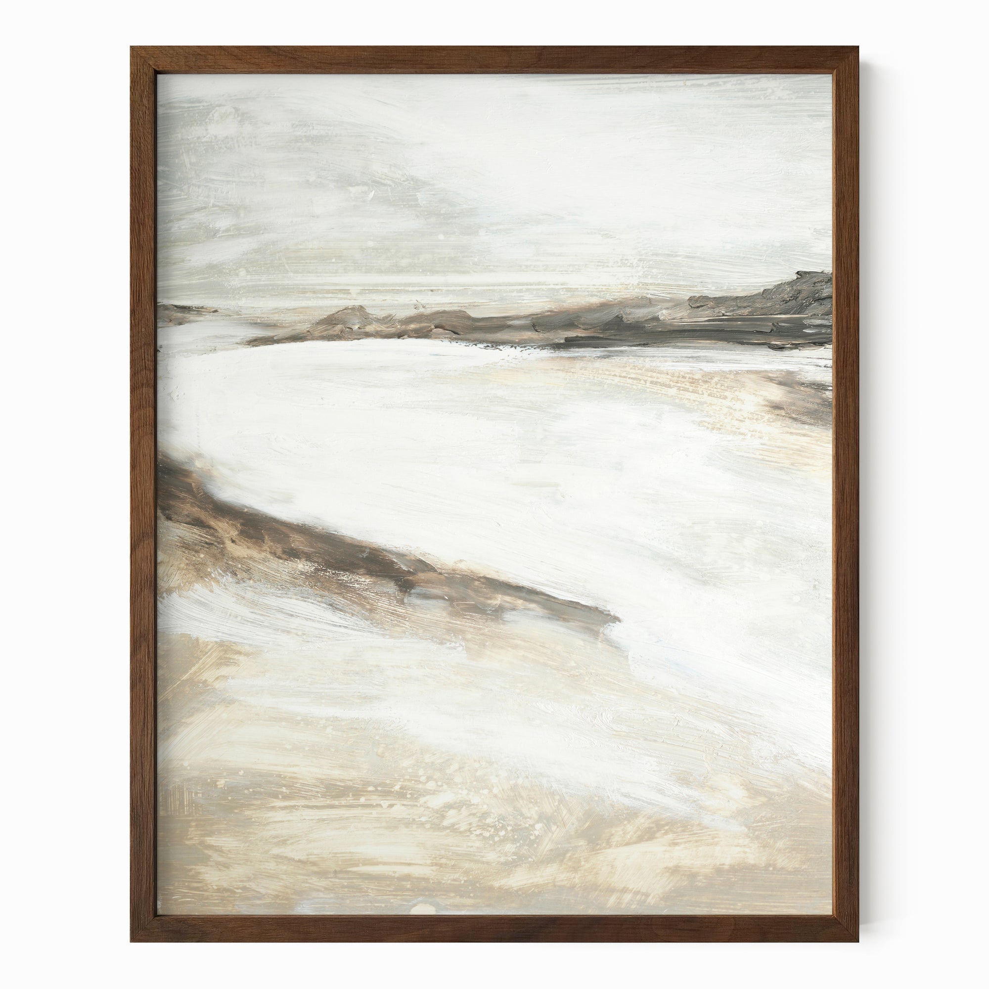 Effortless 2 neutral abstract landscape painting fine wall art print framed in walnut stain oak by NLS Design