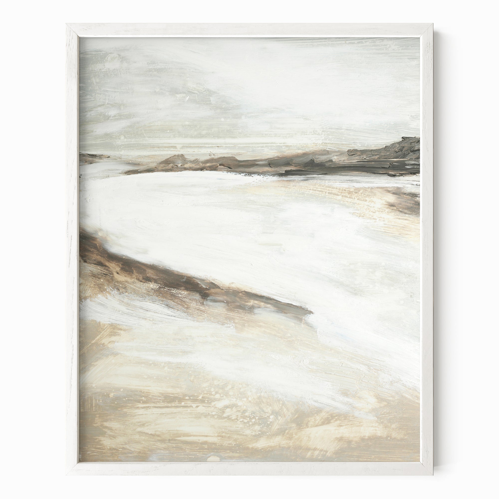 Effortless 2 neutral abstract landscape painting fine wall art print framed in white oak by NLS Design
