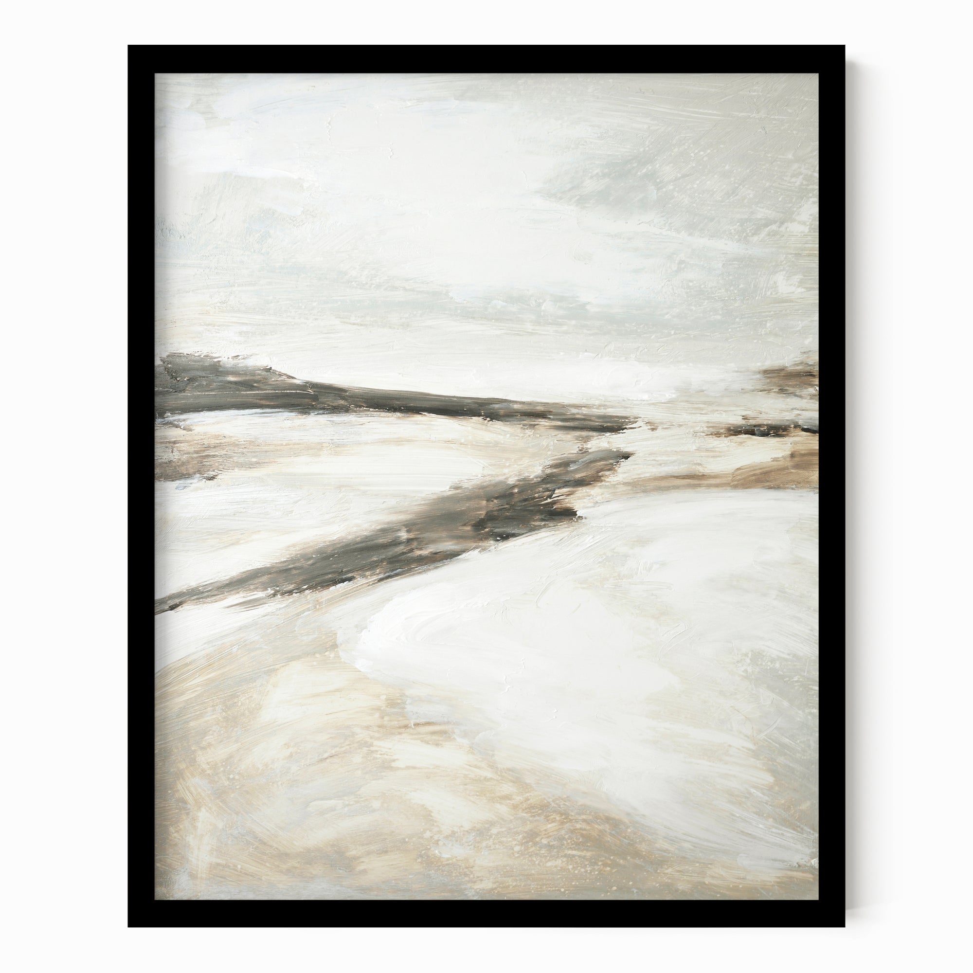 Effortless 1 neutral abstract landscape painting fine art wall print framed in black oak by NLS Design