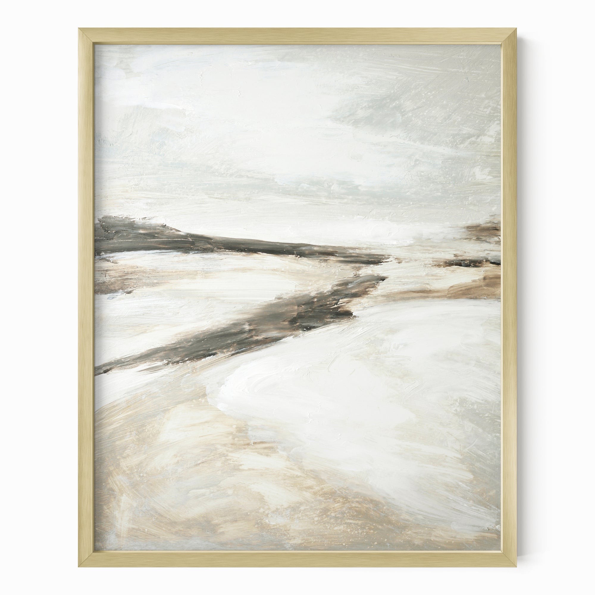 Effortless 1 neutral abstract landscape painting fine art wall print framed in gold metal by NLS Design
