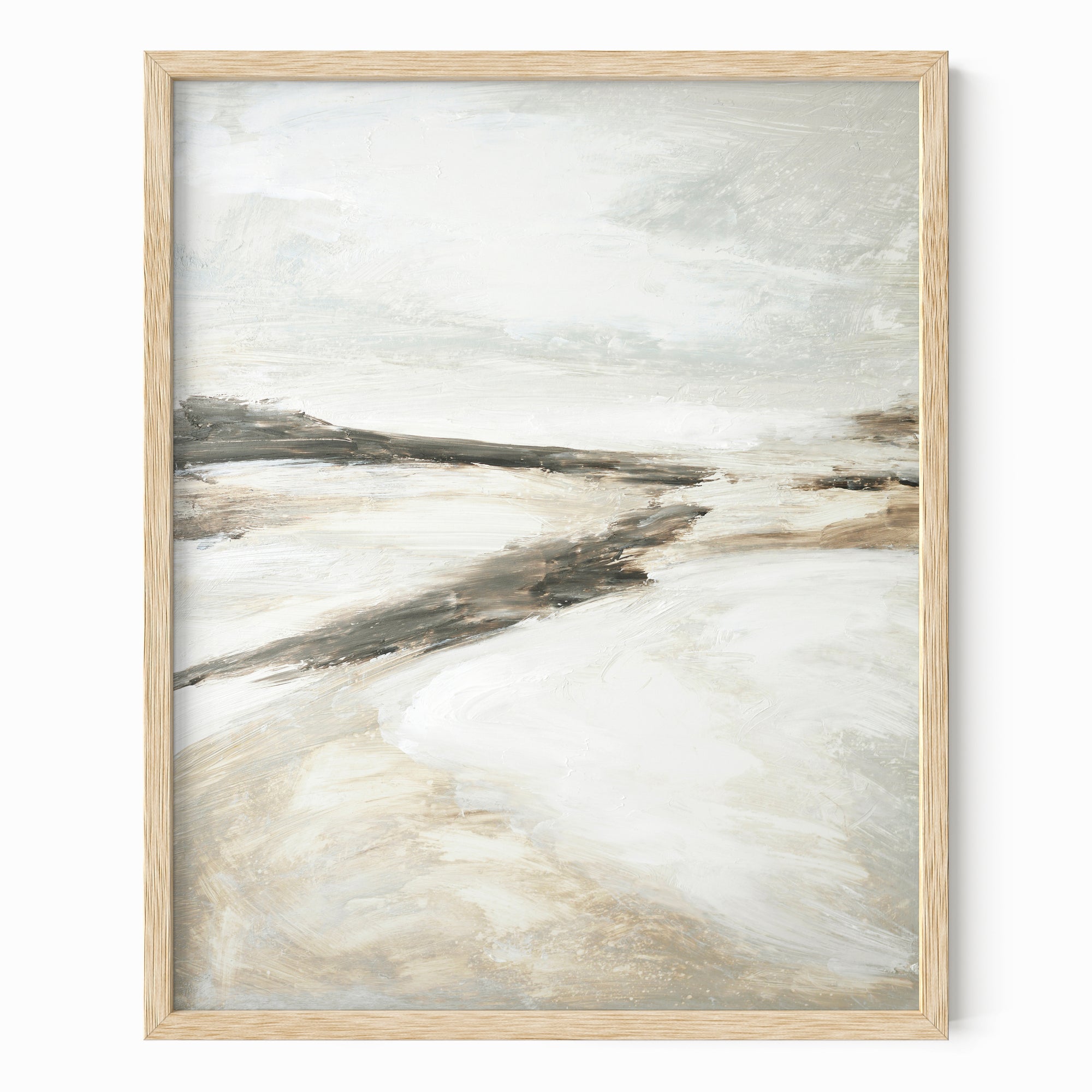 Effortless 1 neutral abstract landscape painting fine art wall print framed in natural oak by NLS Design