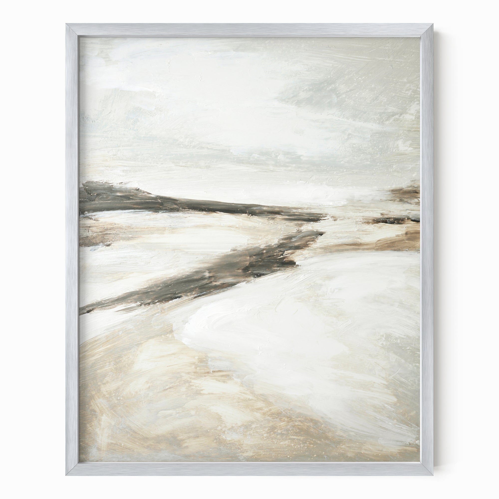 Effortless 1 neutral abstract landscape painting fine art wall print framed in silver metal by NLS Design