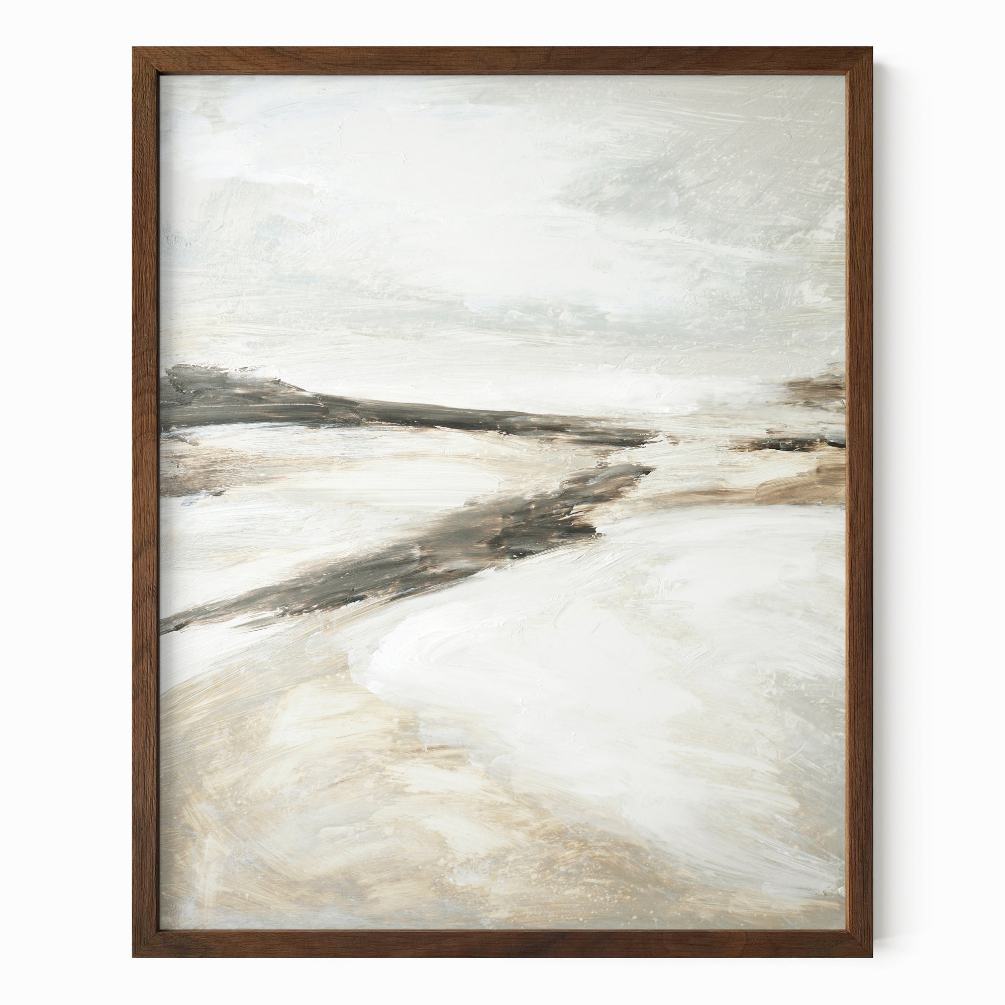 Effortless 1 neutral abstract landscape painting fine art wall print framed in walnut stain oak by NLS Design