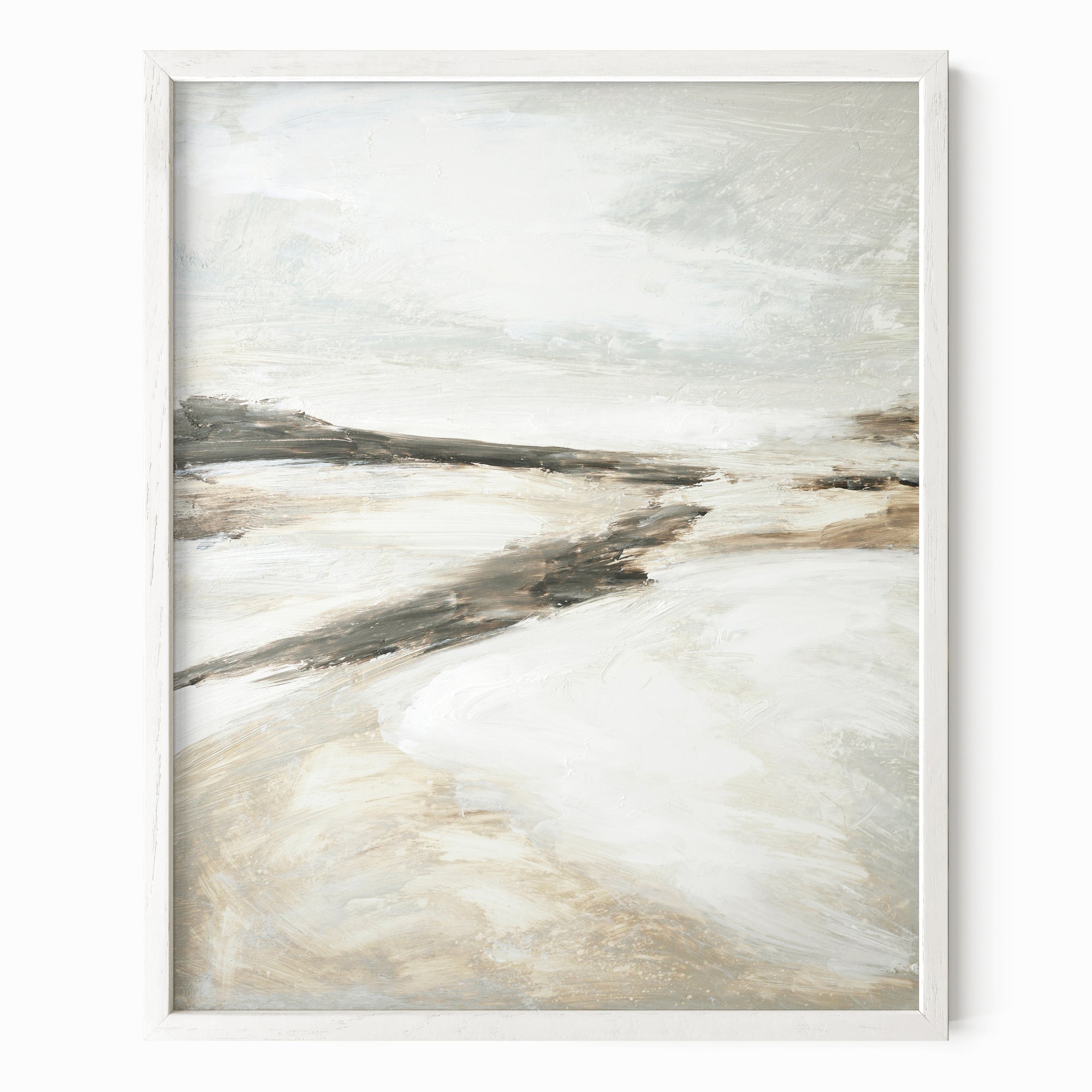 Effortless 1 neutral abstract landscape painting fine art wall print framed in white oak by NLS Design