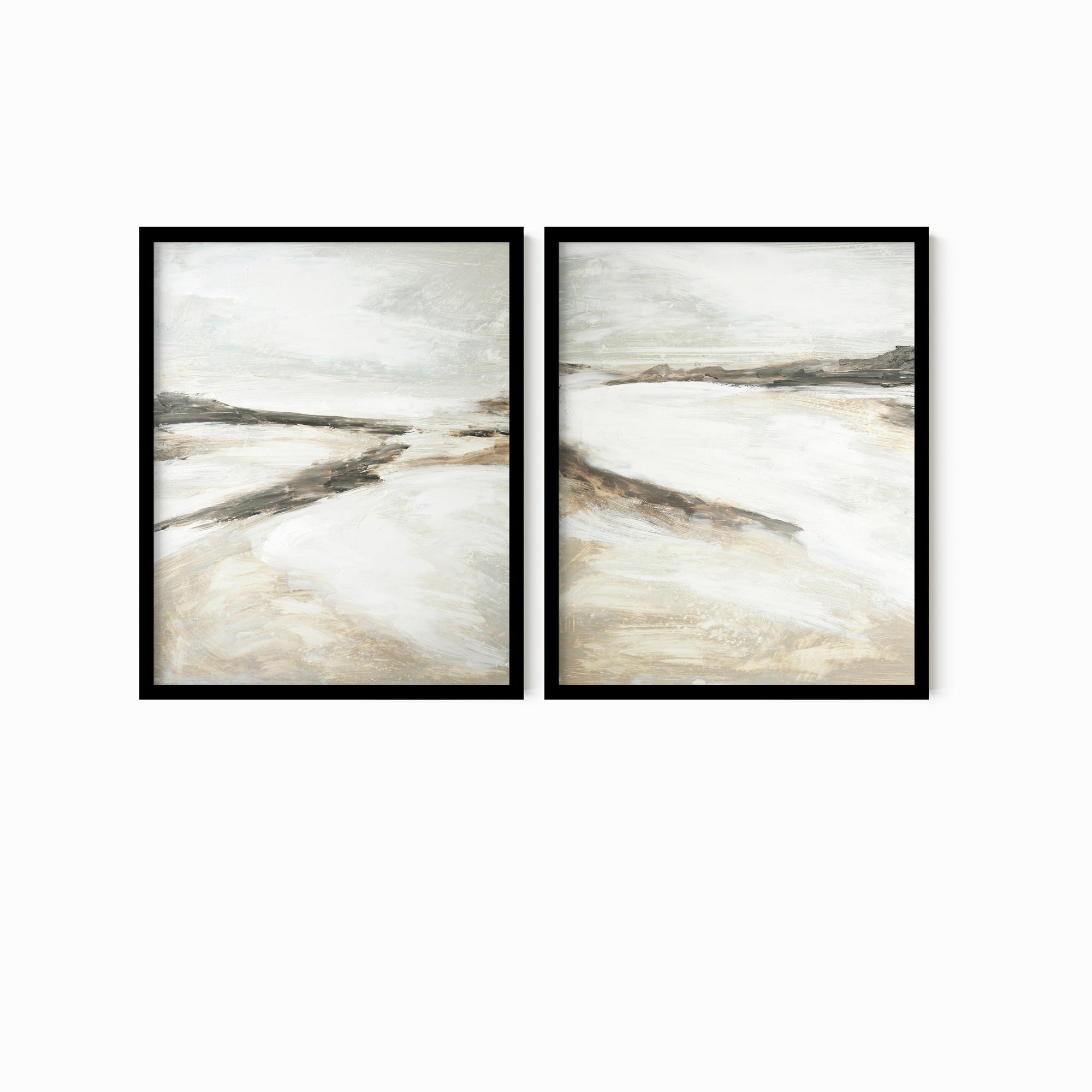 Effortless Set of 2 neutral abstract landscape painting fine wall art prints framed in black oak by NLS Design