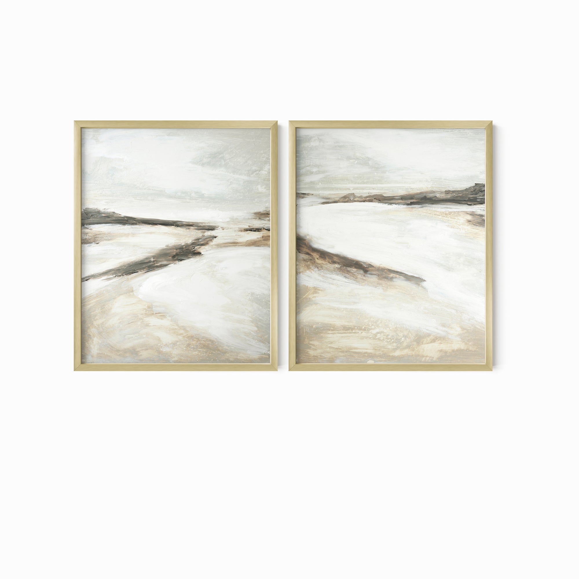 Effortless Set of 2 neutral abstract landscape painting fine wall art prints framed in gold metal by NLS Design