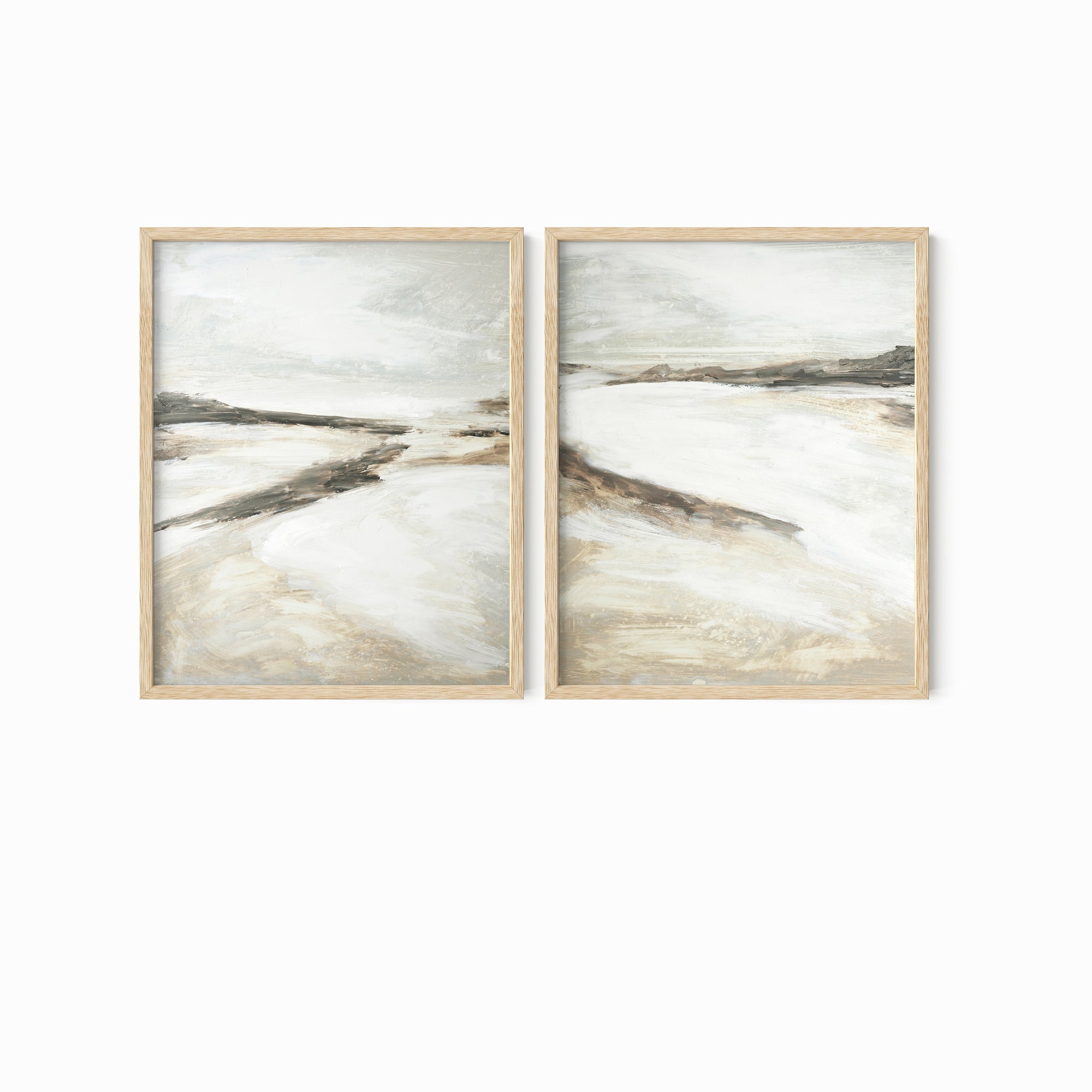 Effortless Set of 2 neutral abstract landscape painting fine wall art prints framed in natural oak by NLS Design