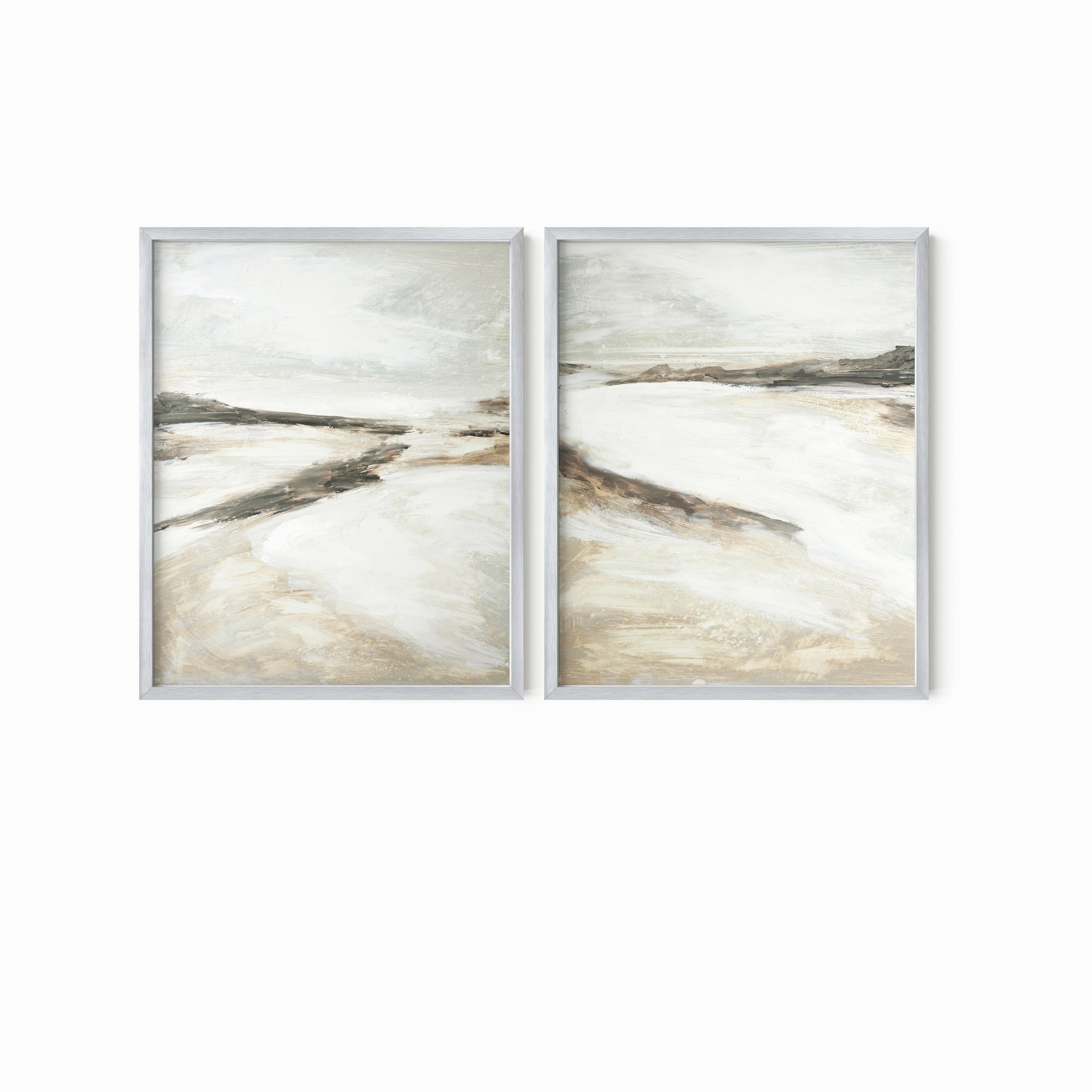 Effortless Set of 2 neutral abstract landscape painting fine wall art prints framed in silver metal by NLS Design