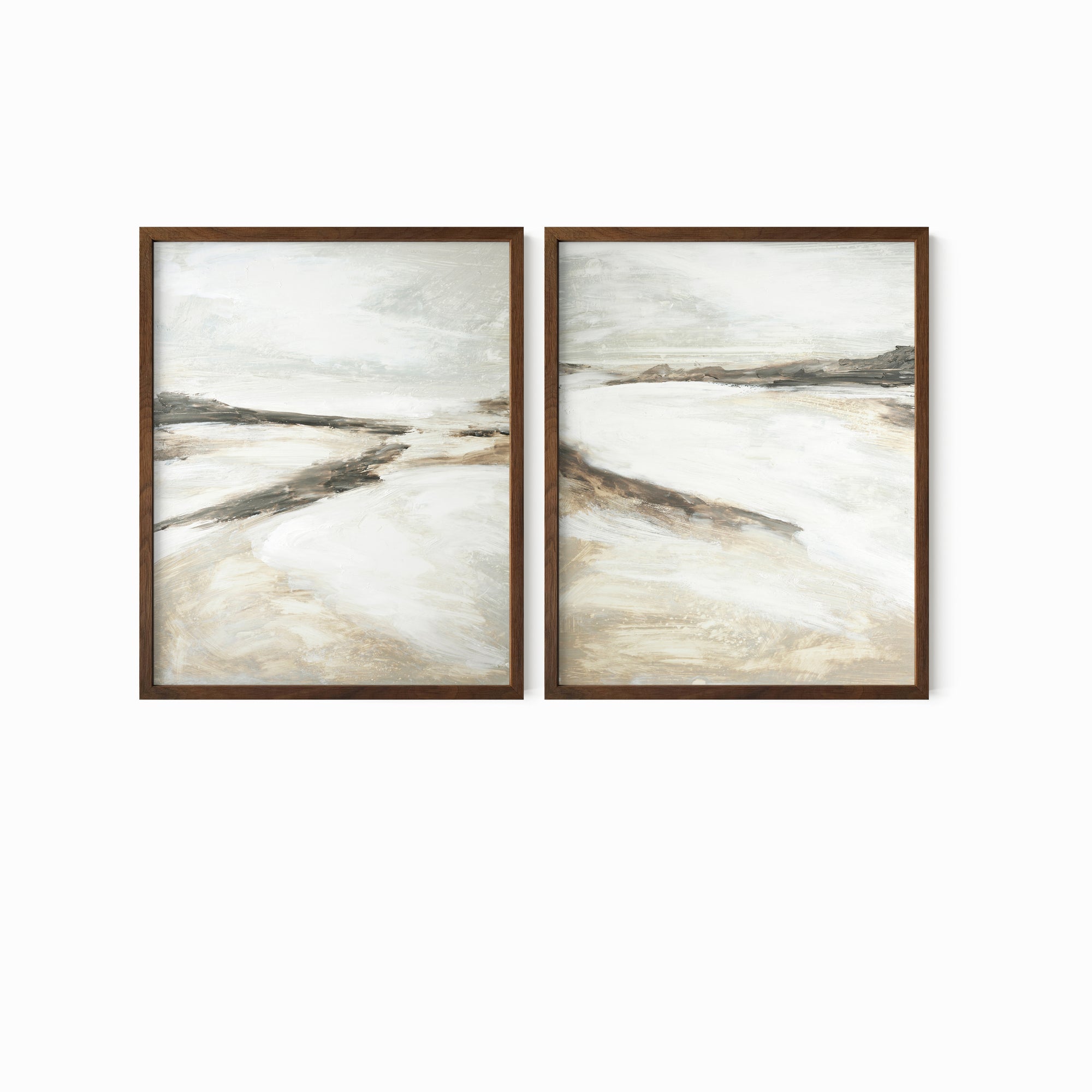 Effortless Set of 2 neutral abstract landscape painting fine wall art prints framed in walnut stain oak by NLS Design