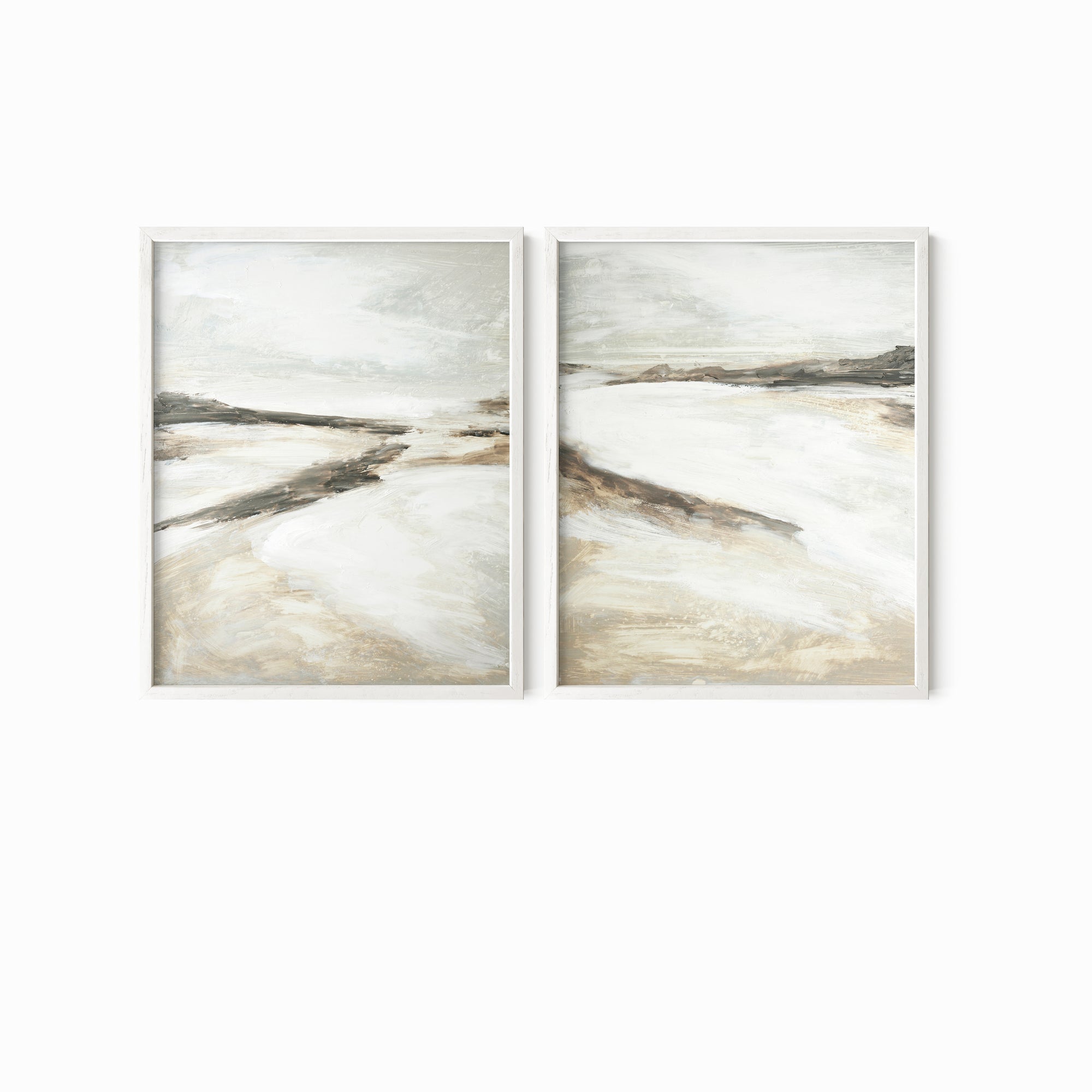 Effortless Set of 2 neutral abstract landscape painting fine wall art prints framed in white oak by NLS Design