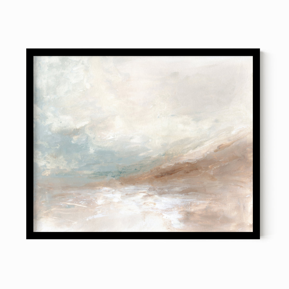 Enduring is a muted soft neutral abstract landscape in beige, cream, mushroom, brown, pale light blue green, light gray, and white; black oak frame by NLS Design. Large neutral gallery wall art for living rooms, bedrooms, entryways, offices, bathrooms, and above the couch and above the bed. Horizontal Sizes: 8x10, 11x14, 16x20, 18x24, 24x36, 30x40, 40x60 inches. Modern coastal, quiet luxury, modern, minimalist, warm earth tones. Artwork by NLS Design, nlsdesignllc.com. Real art by a real artist, NO AI
