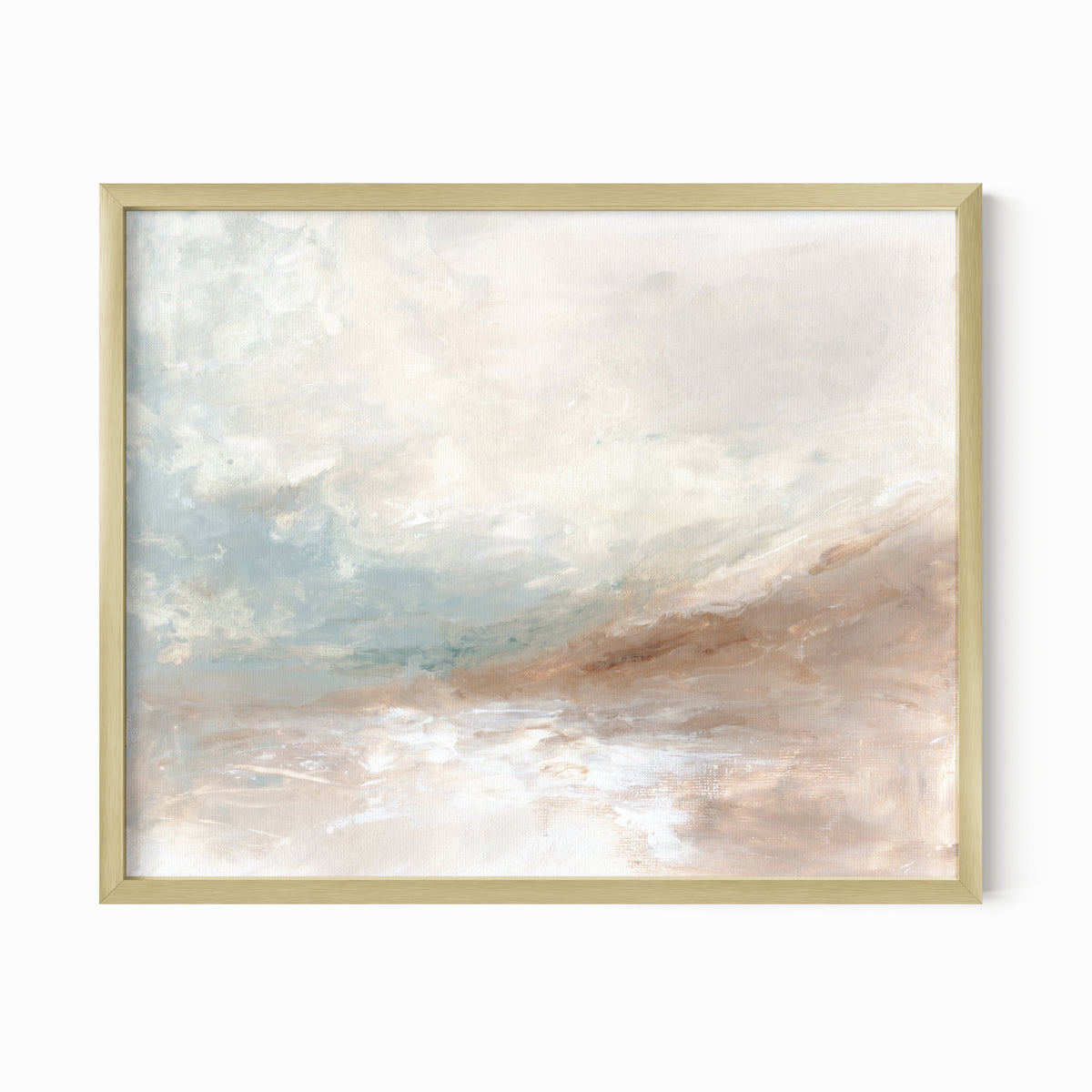 Enduring is a muted soft neutral abstract landscape in beige, cream, mushroom, brown, pale light blue green, light gray, and white; gold metal frame by NLS Design. Large neutral gallery wall art for living rooms, bedrooms, entryways, offices, bathrooms, and above the couch and above the bed. Horizontal Sizes: 8x10, 11x14, 16x20, 18x24, 24x36, 30x40, 40x60 inches. Modern coastal, quiet luxury, modern, minimalist, warm earth tones. Artwork by NLS Design, nlsdesignllc.com. Real art by a real artist, NO AI