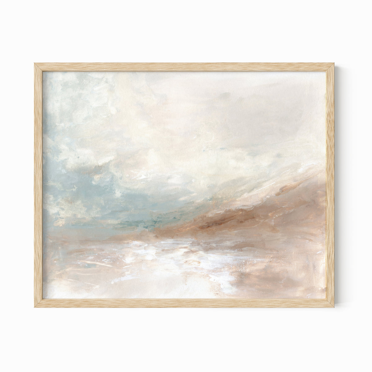 Enduring is a muted soft neutral abstract landscape in beige, cream, mushroom, brown, pale light blue green, light gray, and white; natural oak frame by NLS Design. Large neutral gallery wall art for living rooms, bedrooms, entryways, offices, bathrooms, and above the couch and above the bed. Horizontal Sizes: 8x10, 11x14, 16x20, 18x24, 24x36, 30x40, 40x60 inches. Modern coastal, quiet luxury, modern, minimalist, warm earth tones. Artwork by NLS Design, nlsdesignllc.com. Real art by a real artist, NO AI