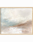 Enduring is a muted soft neutral abstract landscape in beige, cream, mushroom, brown, pale light blue green, light gray, and white; natural oak frame by NLS Design. Large neutral gallery wall art for living rooms, bedrooms, entryways, offices, bathrooms, and above the couch and above the bed. Horizontal Sizes: 8x10, 11x14, 16x20, 18x24, 24x36, 30x40, 40x60 inches. Modern coastal, quiet luxury, modern, minimalist, warm earth tones. Artwork by NLS Design, nlsdesignllc.com. Real art by a real artist, NO AI