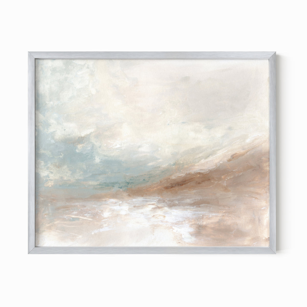 Enduring is a muted soft neutral abstract landscape in beige, cream, mushroom, brown, pale light blue green, light gray, and white; silver metal frame by NLS Design. Large neutral gallery wall art for living rooms, bedrooms, entryways, offices, bathrooms, and above the couch and above the bed. Horizontal Sizes: 8x10, 11x14, 16x20, 18x24, 24x36, 30x40, 40x60 inches. Modern coastal, quiet luxury, modern, minimalist, warm earth tones. Artwork by NLS Design, nlsdesignllc.com. Real art by a real artist, NO AI