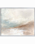 Enduring is a muted soft neutral abstract landscape in beige, cream, mushroom, brown, pale light blue green, light gray, and white; silver metal frame by NLS Design. Large neutral gallery wall art for living rooms, bedrooms, entryways, offices, bathrooms, and above the couch and above the bed. Horizontal Sizes: 8x10, 11x14, 16x20, 18x24, 24x36, 30x40, 40x60 inches. Modern coastal, quiet luxury, modern, minimalist, warm earth tones. Artwork by NLS Design, nlsdesignllc.com. Real art by a real artist, NO AI
