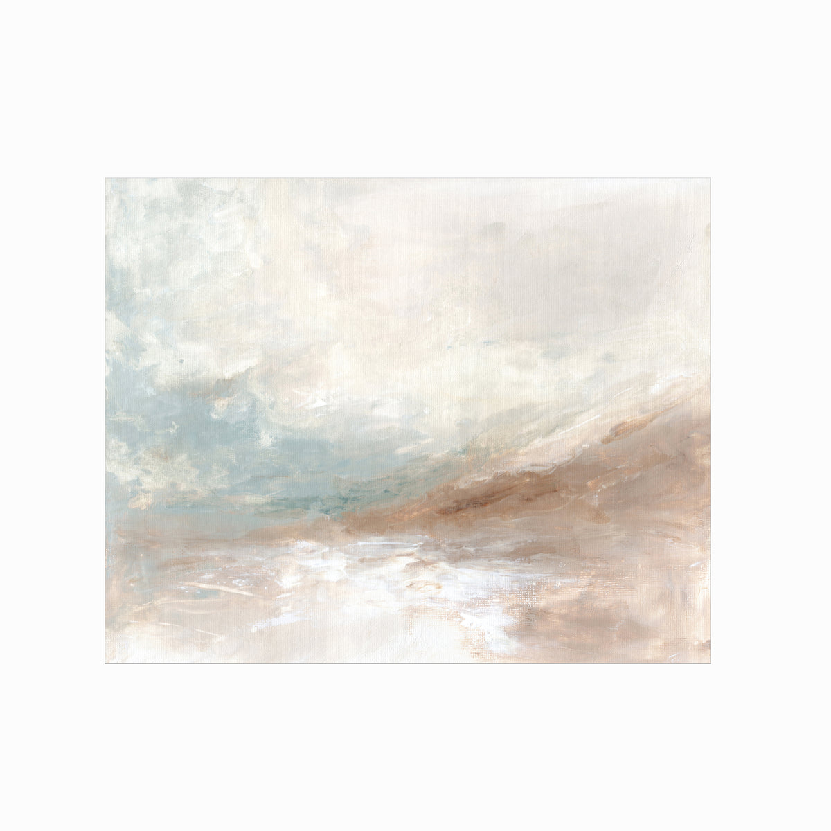 Enduring is a muted soft neutral abstract landscape in beige, cream, mushroom, brown, pale light blue green, light gray, and white; unframed by NLS Design. Large neutral gallery wall art for living rooms, bedrooms, entryways, offices, bathrooms, and above the couch and above the bed. Horizontal Sizes: 8x10, 11x14, 16x20, 18x24, 24x36, 30x40, 40x60 inches. Modern coastal, quiet luxury, modern, minimalist, warm earth tones. Artwork by NLS Design, nlsdesignllc.com. Real art by a real artist, NO AI