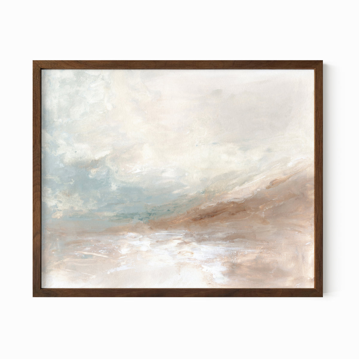 Enduring is a muted soft neutral abstract landscape in beige, cream, mushroom, brown, pale light blue green, light gray, and white; walnut oak frame by NLS Design. Large neutral gallery wall art for living rooms, bedrooms, entryways, offices, bathrooms, and above the couch and above the bed. Horizontal Sizes: 8x10, 11x14, 16x20, 18x24, 24x36, 30x40, 40x60 inches. Modern coastal, quiet luxury, modern, minimalist, warm earth tones. Artwork by NLS Design, nlsdesignllc.com. Real art by a real artist, NO AI