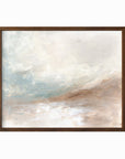 Enduring is a muted soft neutral abstract landscape in beige, cream, mushroom, brown, pale light blue green, light gray, and white; walnut oak frame by NLS Design. Large neutral gallery wall art for living rooms, bedrooms, entryways, offices, bathrooms, and above the couch and above the bed. Horizontal Sizes: 8x10, 11x14, 16x20, 18x24, 24x36, 30x40, 40x60 inches. Modern coastal, quiet luxury, modern, minimalist, warm earth tones. Artwork by NLS Design, nlsdesignllc.com. Real art by a real artist, NO AI