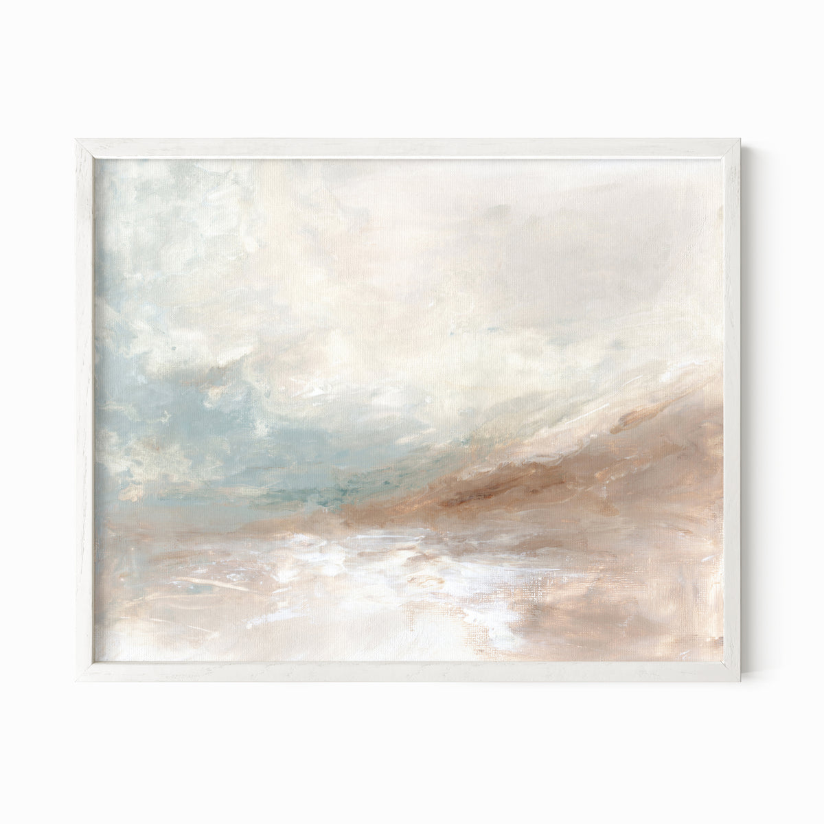 Enduring is a muted soft neutral abstract landscape in beige, cream, mushroom, brown, pale light blue green, light gray, and white; white oak frame by NLS Design. Large neutral gallery wall art for living rooms, bedrooms, entryways, offices, bathrooms, and above the couch and above the bed. Horizontal Sizes: 8x10, 11x14, 16x20, 18x24, 24x36, 30x40, 40x60 inches. Modern coastal, quiet luxury, modern, minimalist, warm earth tones. Artwork by NLS Design, nlsdesignllc.com. Real art by a real artist, NO AI