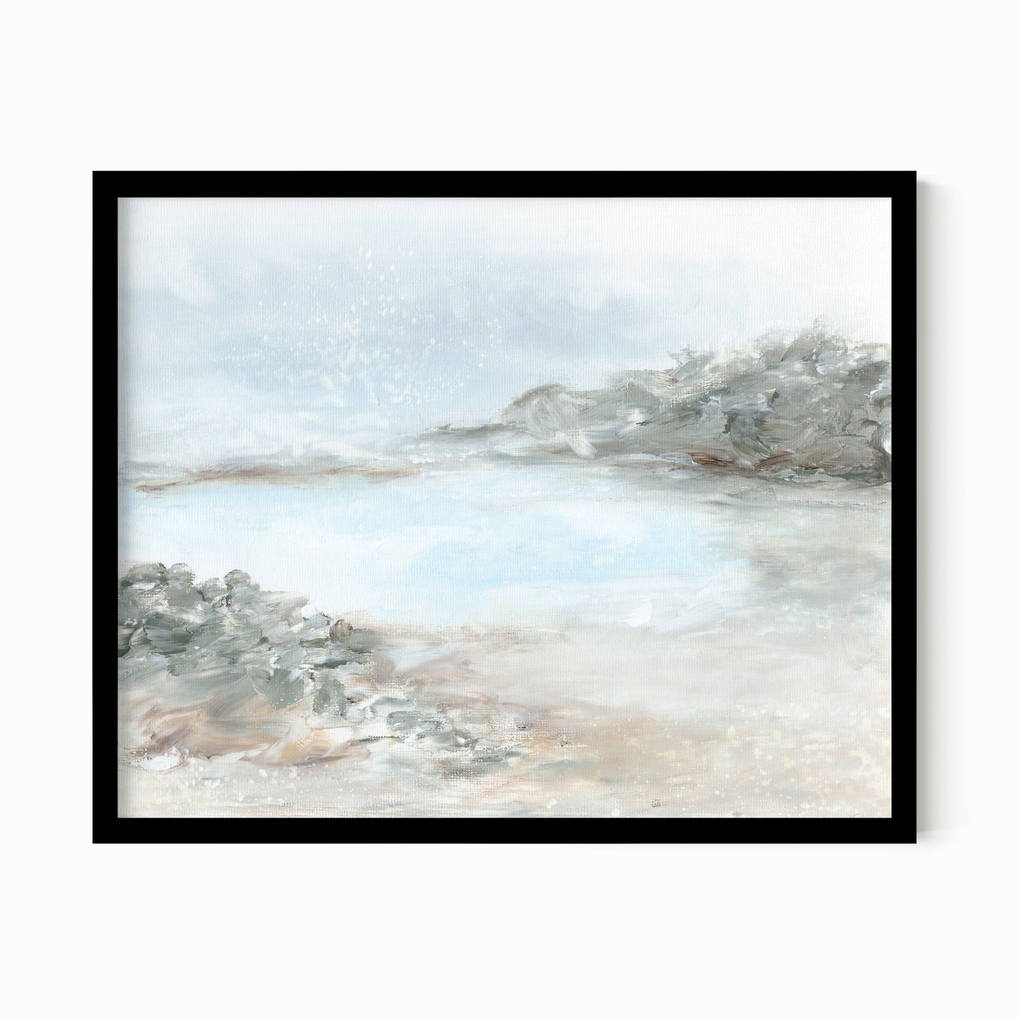 Essence - abstract coastal beach lake landscape original painting fine are print in light blue, beige, green, brown, gray, and white; framed in black oak by NLS Design. Large neutral wall art for living rooms, bedrooms, entryways, offices, bathrooms, and above sofas and beds. nlsdesignllc.com