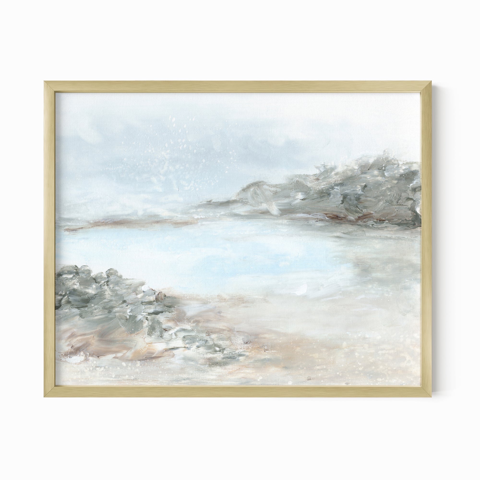 Essence - abstract coastal beach lake landscape original painting fine are print in light blue, beige, green, brown, gray, and white; framed in gold metal by NLS Design. Large neutral wall art for living rooms, bedrooms, entryways, offices, bathrooms, and above sofas and beds. nlsdesignllc.com