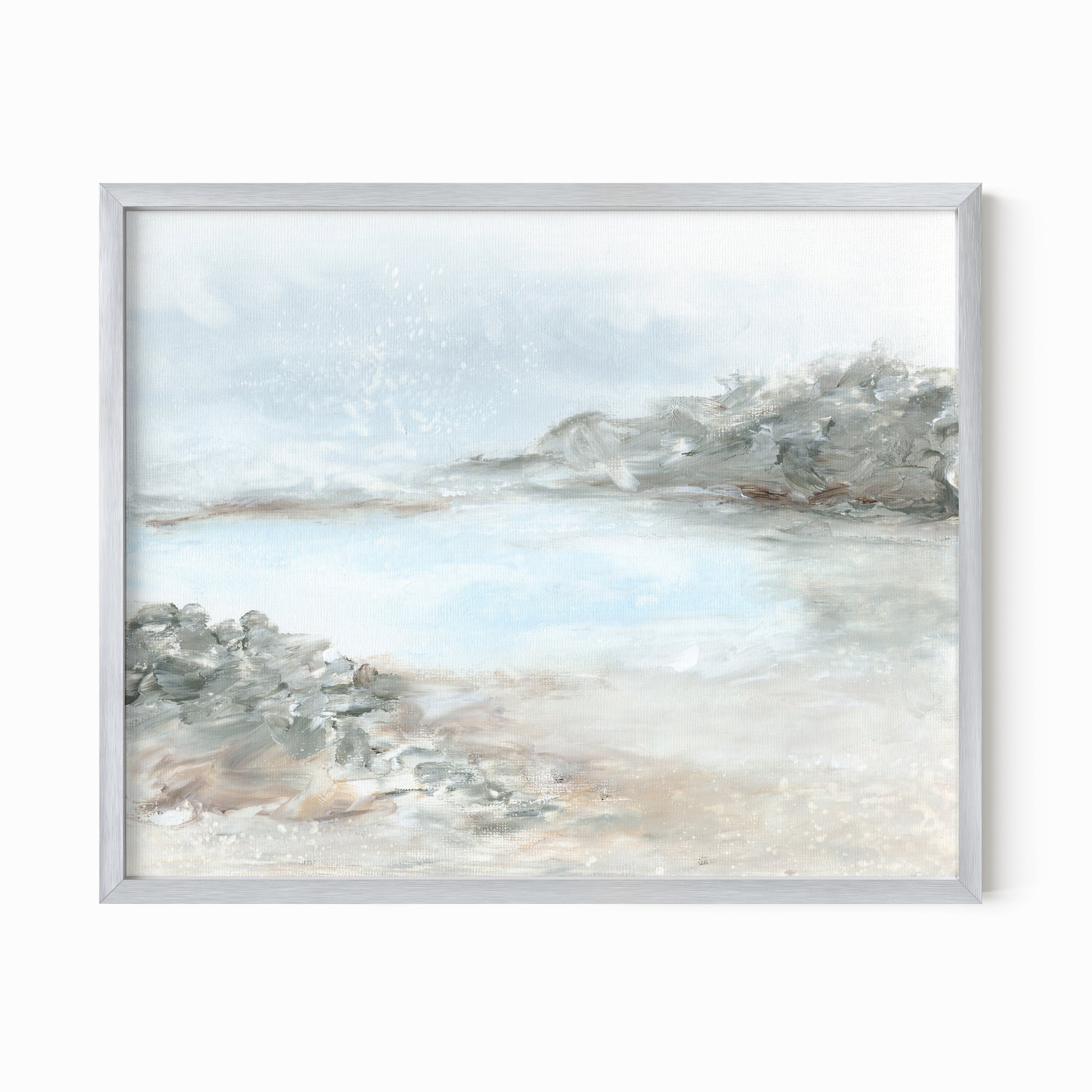 Essence - abstract coastal beach lake landscape original painting fine are print in light blue, beige, green, brown, gray, and white; framed in silver metal by NLS Design. Large neutral wall art for living rooms, bedrooms, entryways, offices, bathrooms, and above sofas and beds. nlsdesignllc.com