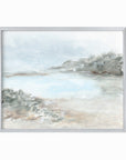 Essence - abstract coastal beach lake landscape original painting fine are print in light blue, beige, green, brown, gray, and white; framed in silver metal by NLS Design. Large neutral wall art for living rooms, bedrooms, entryways, offices, bathrooms, and above sofas and beds. nlsdesignllc.com