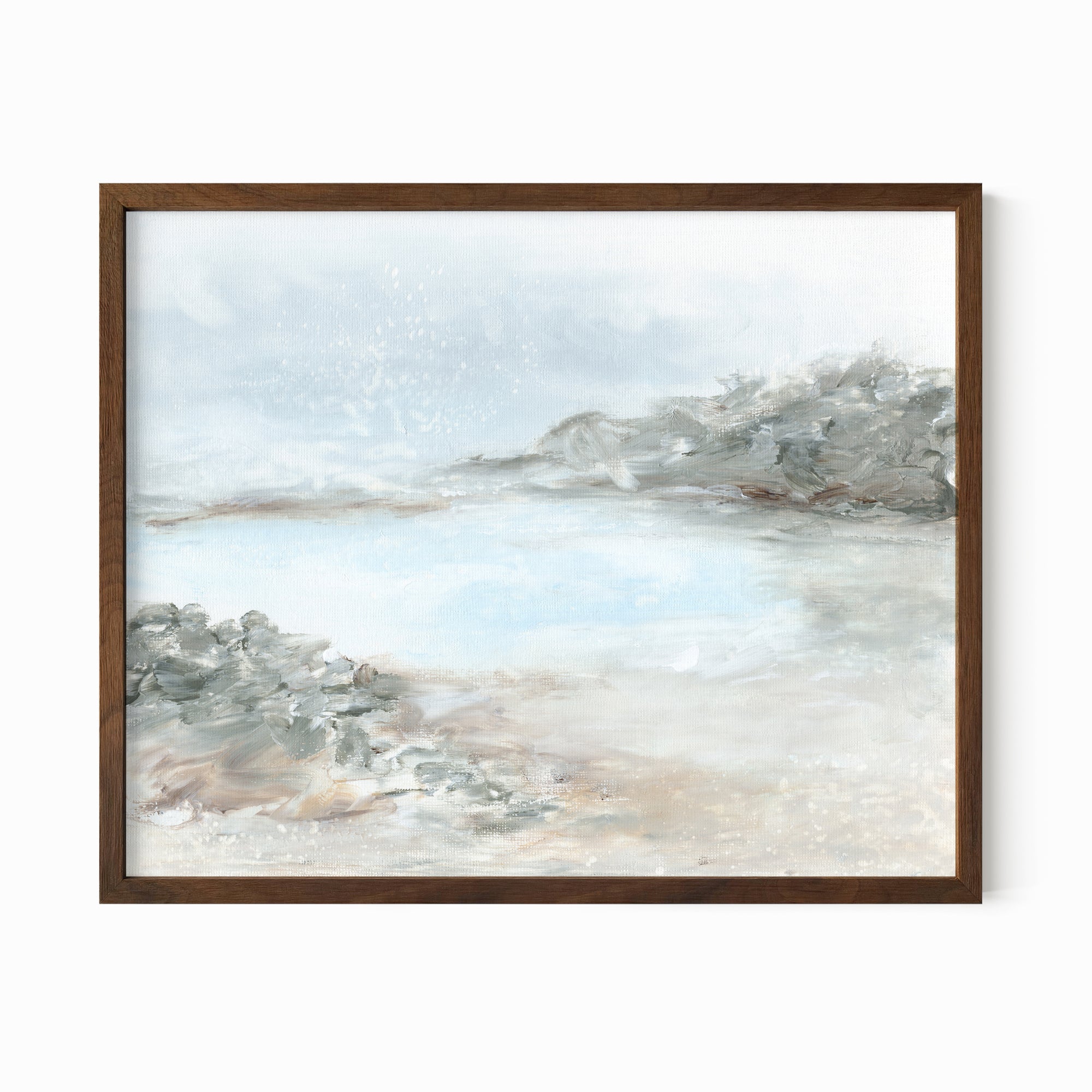 Essence - abstract coastal beach lake landscape original painting fine are print in light blue, beige, green, brown, gray, and white; framed in walnut oak by NLS Design. Large neutral wall art for living rooms, bedrooms, entryways, offices, bathrooms, and above sofas and beds. nlsdesignllc.com