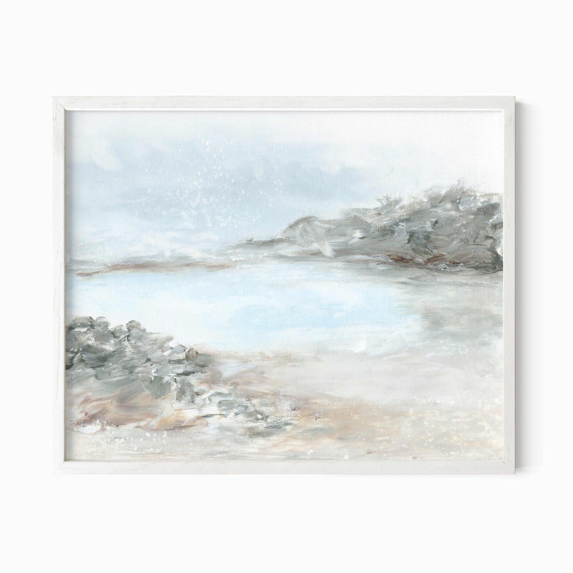 Essence - abstract coastal beach lake landscape original painting fine are print in light blue, beige, green, brown, gray, and white; framed in white oak by NLS Design. Large neutral wall art for living rooms, bedrooms, entryways, offices, bathrooms, and above sofas and beds. nlsdesignllc.com