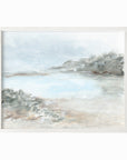 Essence - abstract coastal beach lake landscape original painting fine are print in light blue, beige, green, brown, gray, and white; framed in white oak by NLS Design. Large neutral wall art for living rooms, bedrooms, entryways, offices, bathrooms, and above sofas and beds. nlsdesignllc.com