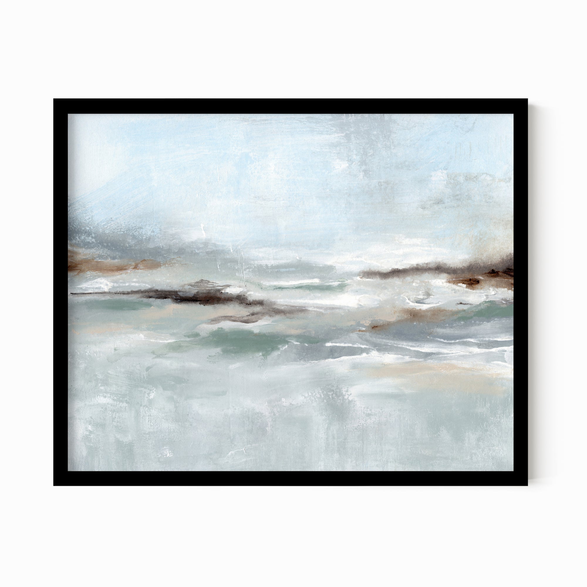 Eventide is a layered abstract coastal inspired painting combining light blue and blue green with soft gray, soft charcoal gray, dark brown, warm brown, cream, beige, and white; framed in black oak by NLS Design. Large neutral wall art for living rooms, bedrooms, entryways, offices, bathrooms, and above couch and bed. Modern coastal beach water soft muted abstract. Real art by a real artist - NO AI. nlsdesignllc.com - 8x10, 11x14, 16x20, 18x24, 24x36, 30x40, 40x60 inches