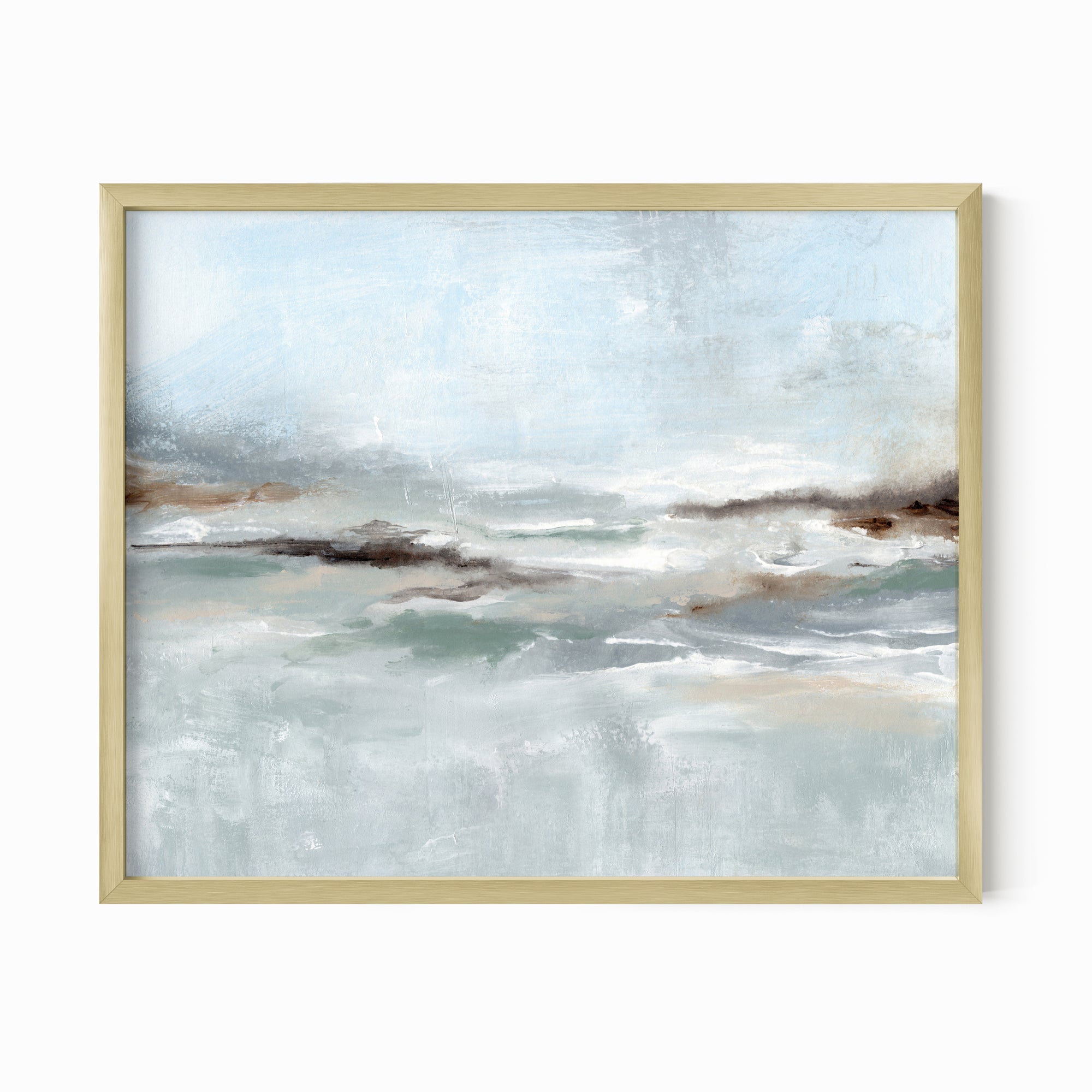 Eventide is a layered abstract coastal inspired painting combining light blue and blue green with soft gray, soft charcoal gray, dark brown, warm brown, cream, beige, and white; framed in gold metal by NLS Design. Large neutral wall art for living rooms, bedrooms, entryways, offices, bathrooms, and above couch and bed. Modern coastal beach water soft muted abstract. Real art by a real artist - NO AI. nlsdesignllc.com - 8x10, 11x14, 16x20, 18x24, 24x36, 30x40, 40x60 inches