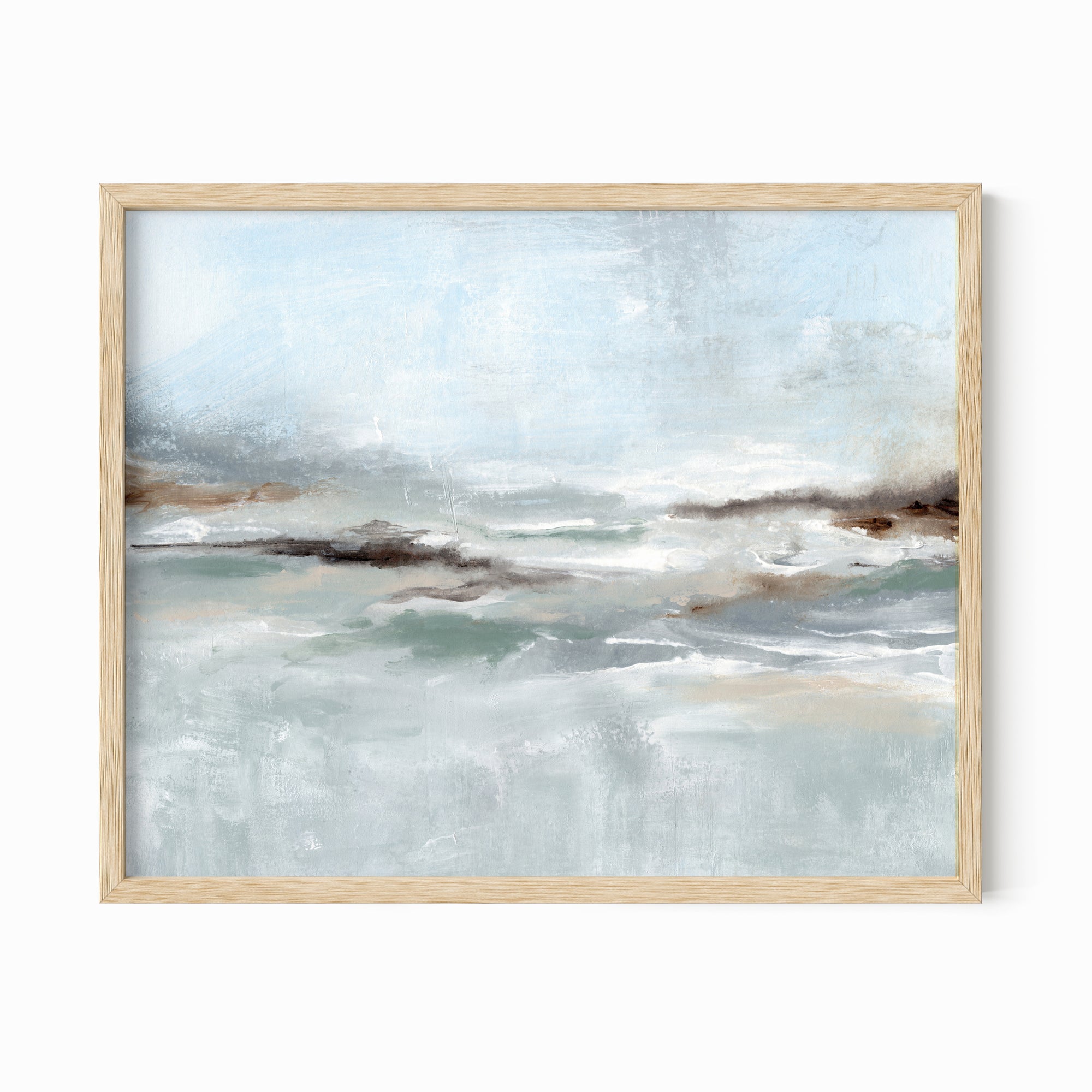 Eventide is a layered abstract coastal inspired painting combining light blue and blue green with soft gray, soft charcoal gray, dark brown, warm brown, cream, beige, and white; framed in natural oak by NLS Design. Large neutral wall art for living rooms, bedrooms, entryways, offices, bathrooms, and above couch and bed. Modern coastal beach water soft muted abstract. Real art by a real artist - NO AI. nlsdesignllc.com - 8x10, 11x14, 16x20, 18x24, 24x36, 30x40, 40x60 inches
