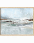 Eventide is a layered abstract coastal inspired painting combining light blue and blue green with soft gray, soft charcoal gray, dark brown, warm brown, cream, beige, and white; framed in natural oak by NLS Design. Large neutral wall art for living rooms, bedrooms, entryways, offices, bathrooms, and above couch and bed. Modern coastal beach water soft muted abstract. Real art by a real artist - NO AI. nlsdesignllc.com - 8x10, 11x14, 16x20, 18x24, 24x36, 30x40, 40x60 inches