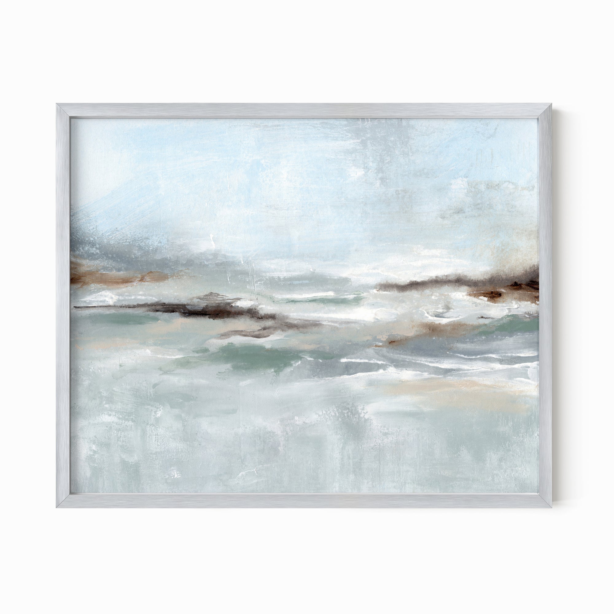 Eventide is a layered abstract coastal inspired painting combining light blue and blue green with soft gray, soft charcoal gray, dark brown, warm brown, cream, beige, and white; framed in silver metal by NLS Design. Large neutral wall art for living rooms, bedrooms, entryways, offices, bathrooms, and above couch and bed. Modern coastal beach water soft muted abstract. Real art by a real artist - NO AI. nlsdesignllc.com - 8x10, 11x14, 16x20, 18x24, 24x36, 30x40, 40x60 inches