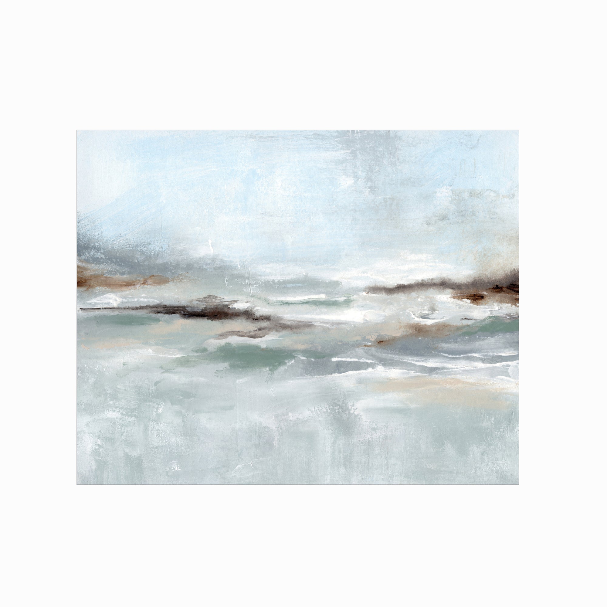 Eventide is a layered abstract coastal inspired painting combining light blue and blue green with soft gray, soft charcoal gray, dark brown, warm brown, cream, beige, and white; unframed  by NLS Design. Large neutral wall art for living rooms, bedrooms, entryways, offices, bathrooms, and above couch and bed. Modern coastal beach water soft muted abstract. Real art by a real artist - NO AI. nlsdesignllc.com - 8x10, 11x14, 16x20, 18x24, 24x36, 30x40, 40x60 inches