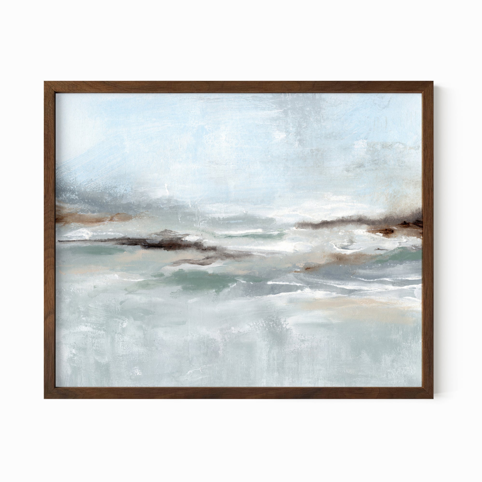 Eventide is a layered abstract coastal inspired painting combining light blue and blue green with soft gray, soft charcoal gray, dark brown, warm brown, cream, beige, and white; framed in walnut oak by NLS Design. Large neutral wall art for living rooms, bedrooms, entryways, offices, bathrooms, and above couch and bed. Modern coastal beach water soft muted abstract. Real art by a real artist - NO AI. nlsdesignllc.com - 8x10, 11x14, 16x20, 18x24, 24x36, 30x40, 40x60 inches