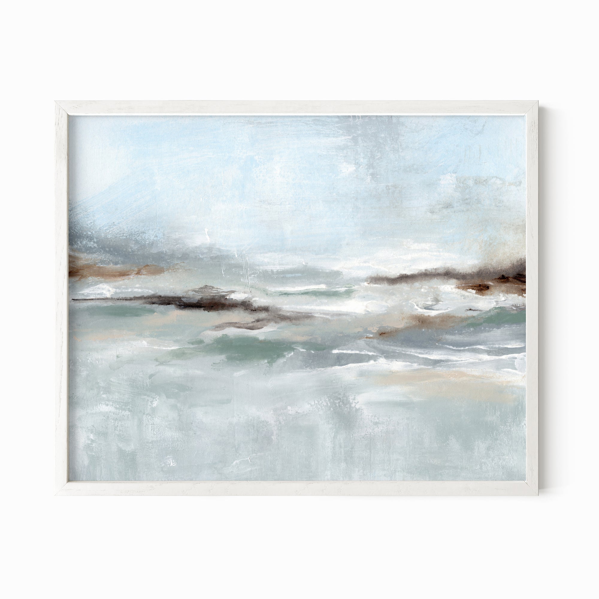 Eventide is a layered abstract coastal inspired painting combining light blue and blue green with soft gray, soft charcoal gray, dark brown, warm brown, cream, beige, and white; framed in white oak by NLS Design. Large neutral wall art for living rooms, bedrooms, entryways, offices, bathrooms, and above couch and bed. Modern coastal beach water soft muted abstract. Real art by a real artist - NO AI. nlsdesignllc.com - 8x10, 11x14, 16x20, 18x24, 24x36, 30x40, 40x60 inches