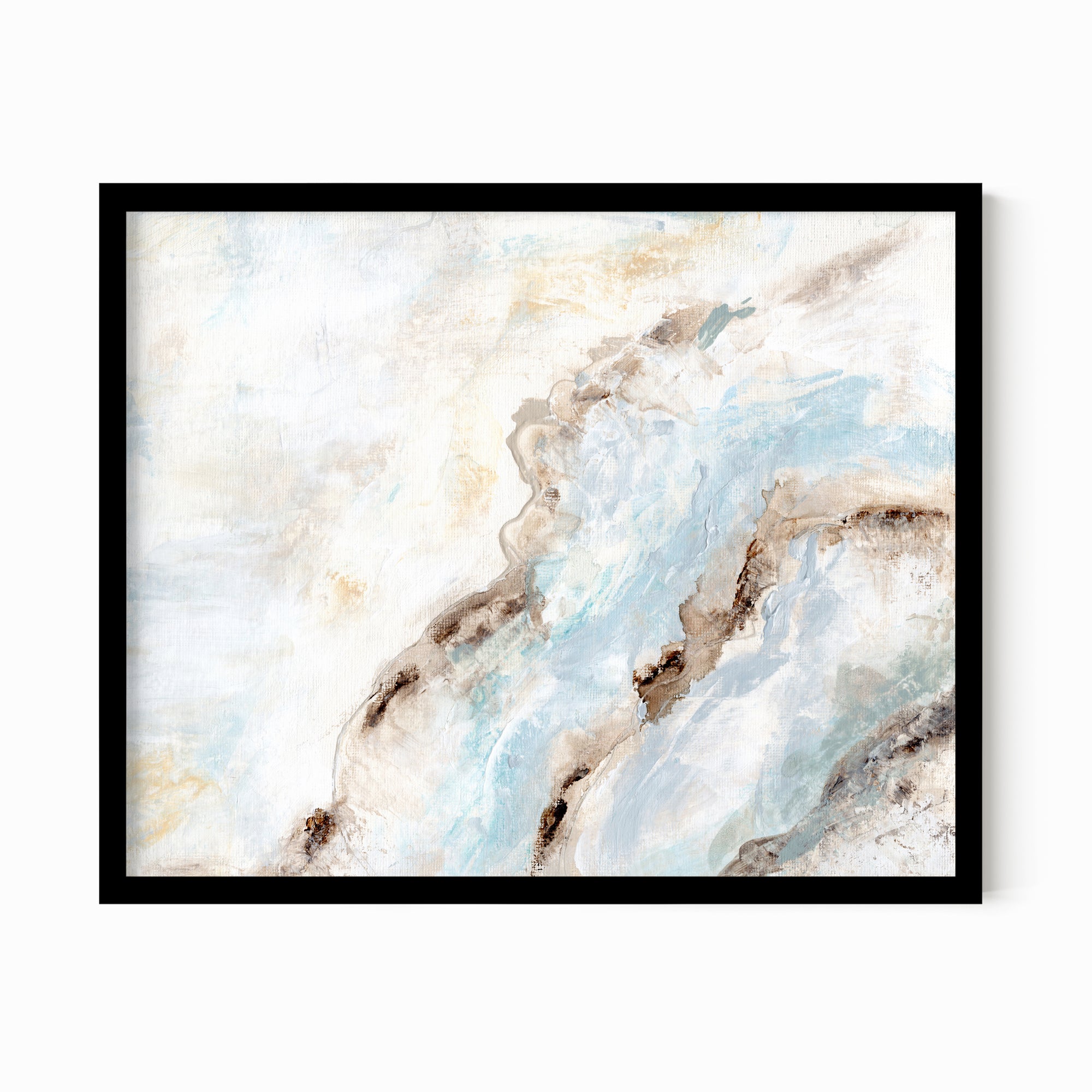 Evermore - soft muted abstract wall art original painting fine are print in  blue, beige, gray, cream, brown, teal, and white; framed in black oak by NLS Design. Large neutral wall art for living rooms, bedrooms, and above sofas.