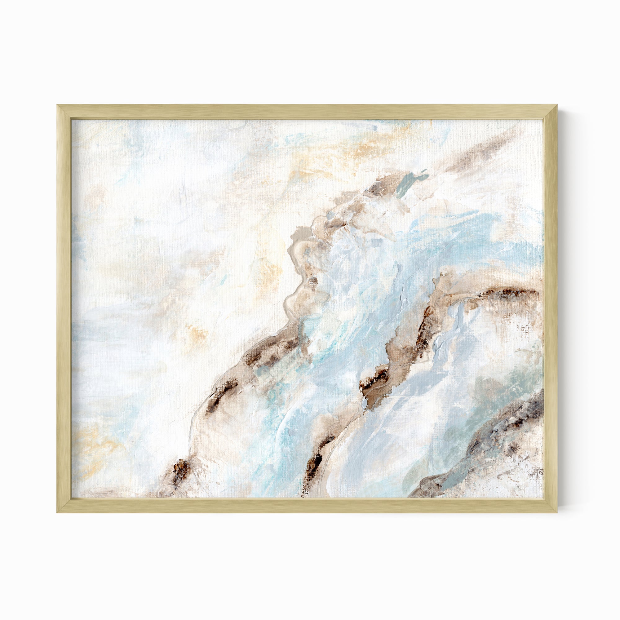 Evermore - soft muted abstract wall art original painting fine are print in  blue, beige, gray, cream, brown, teal, and white; framed in gold metal by NLS Design. Large neutral wall art for living rooms, bedrooms, and above sofas.