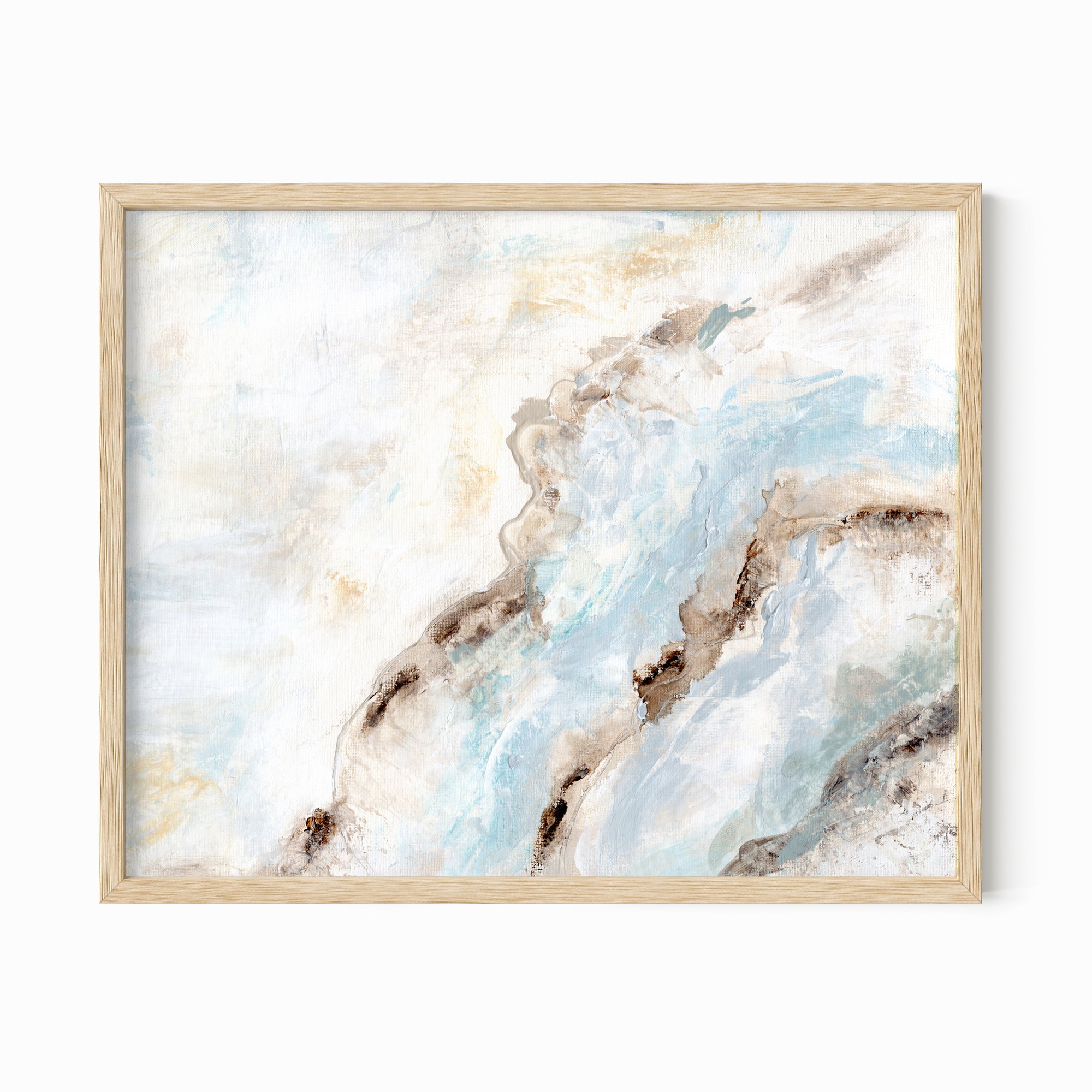 Evermore - soft muted abstract wall art original painting fine are print in  blue, beige, gray, cream, brown, teal, and white; framed in natural oak by NLS Design. Large neutral wall art for living rooms, bedrooms, and above sofas.