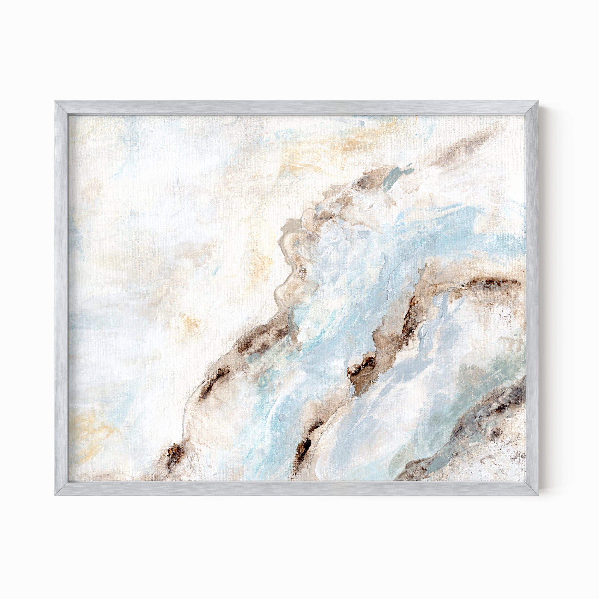 Evermore - soft muted abstract wall art original painting fine are print in  blue, beige, gray, cream, brown, teal, and white; framed in silver metal by NLS Design. Large neutral wall art for living rooms, bedrooms, and above sofas.