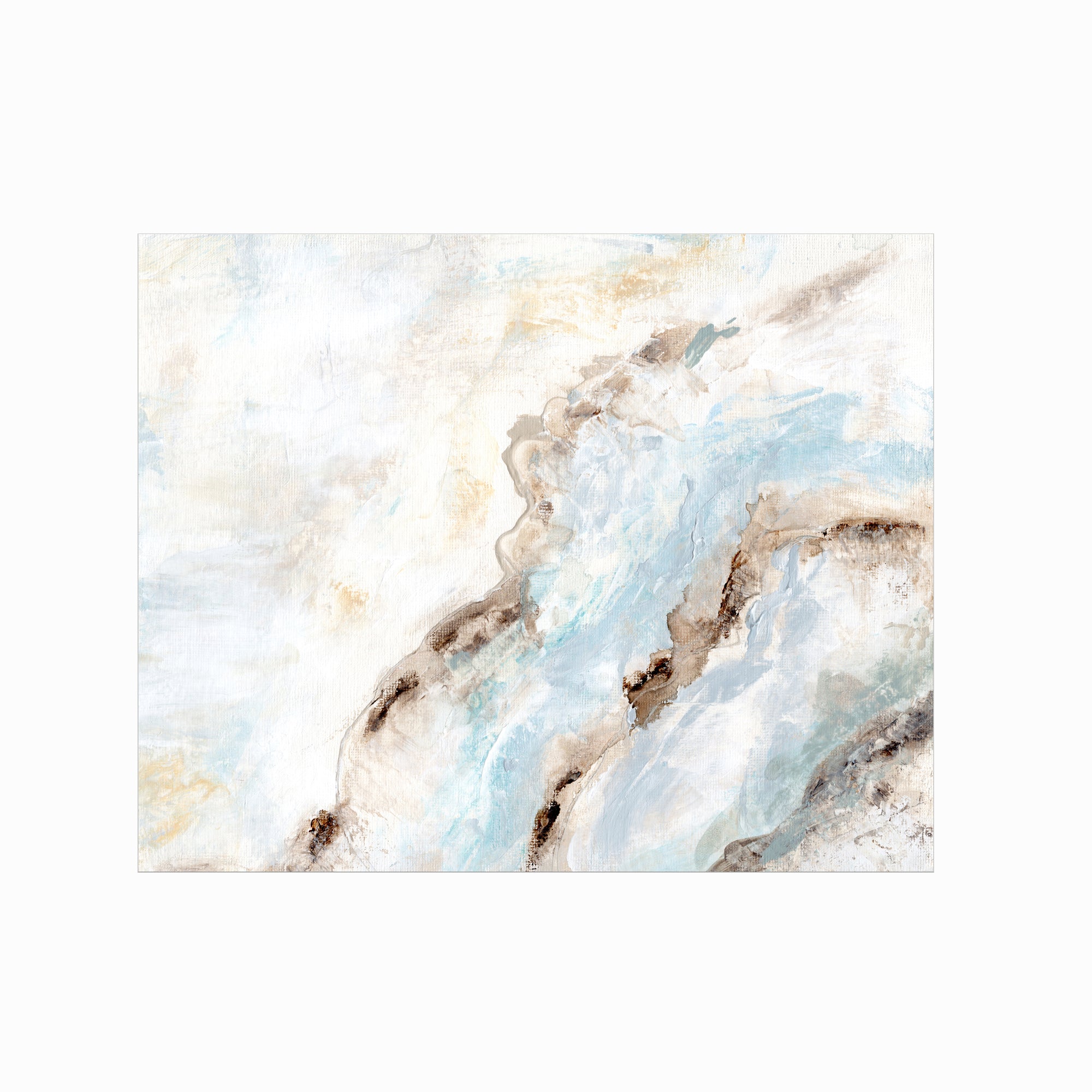 Evermore - soft muted abstract wall art original painting fine are print in  blue, beige, gray, cream, brown, teal, and white; unframed by NLS Design. Large neutral wall art for living rooms, bedrooms, and above sofas.