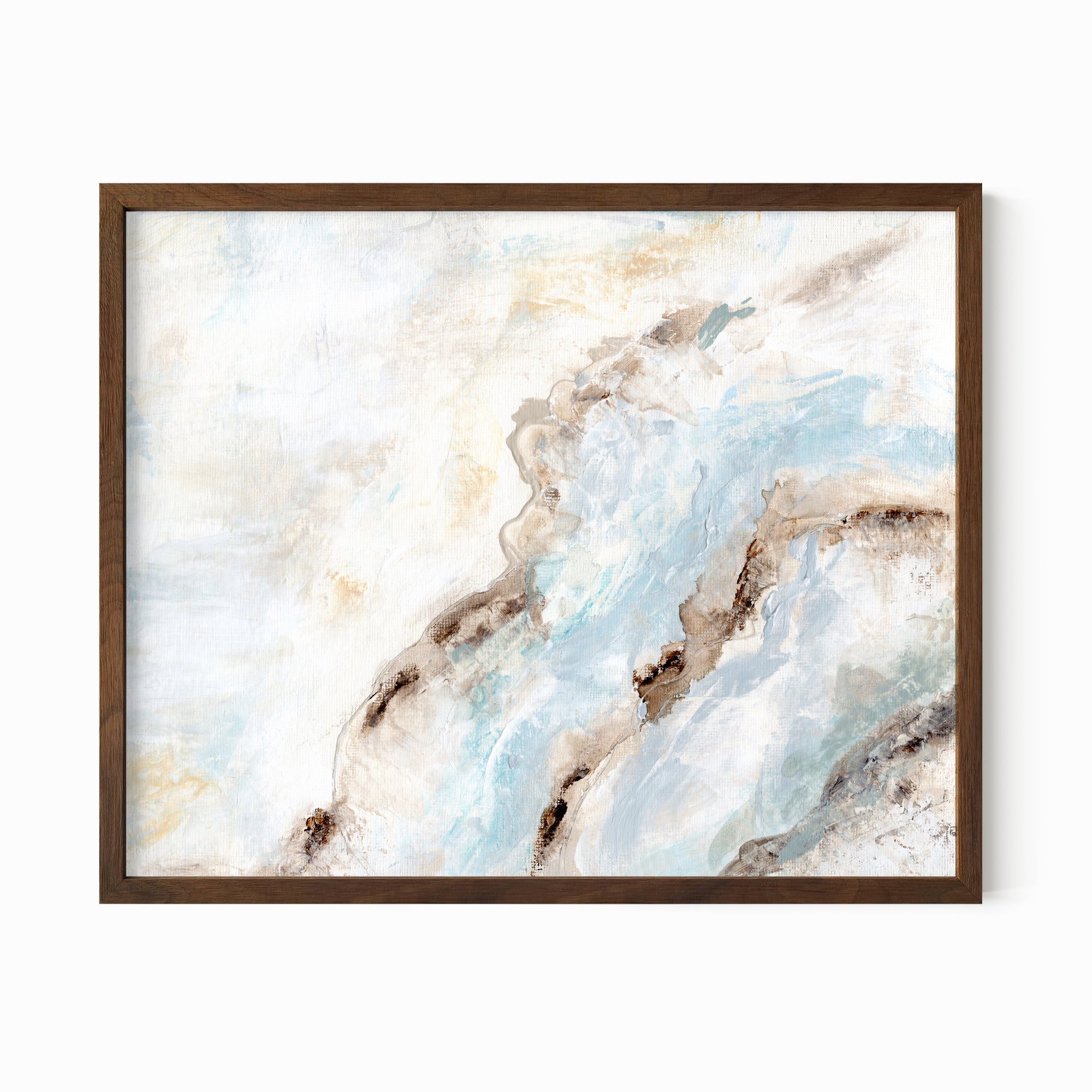 Evermore - soft muted abstract wall art original painting fine are print in  blue, beige, gray, cream, brown, teal, and white; framed in walnut stained oak by NLS Design. Large neutral wall art for living rooms, bedrooms, and above sofas.